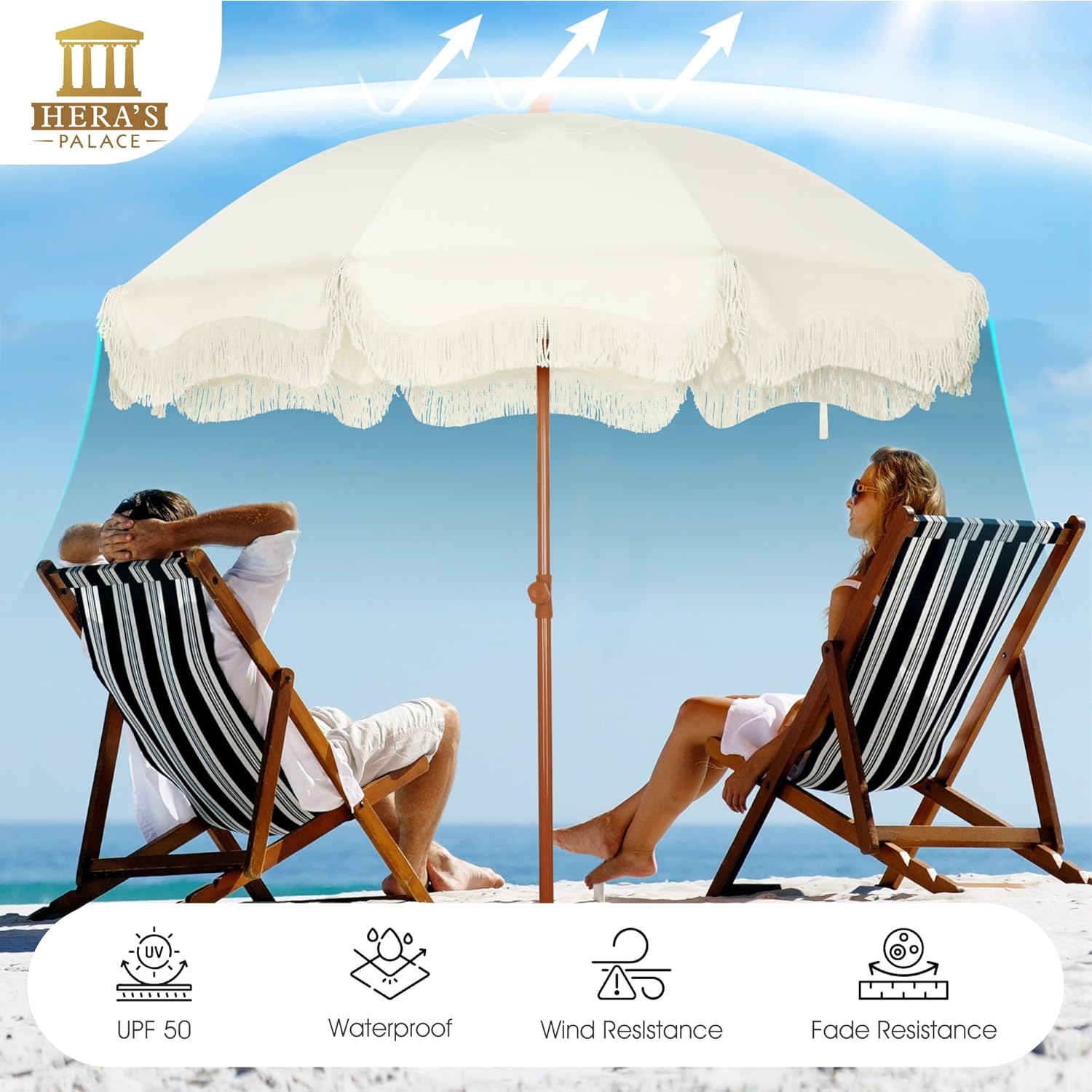 HERA'S PALACE 7ft Heavy Duty Beach Umbrella with Sand Anchor, Fringe Umbrella for Sand, UV 50+, Patio Umbrella with Tilt Pole for Garden Pool Backyard