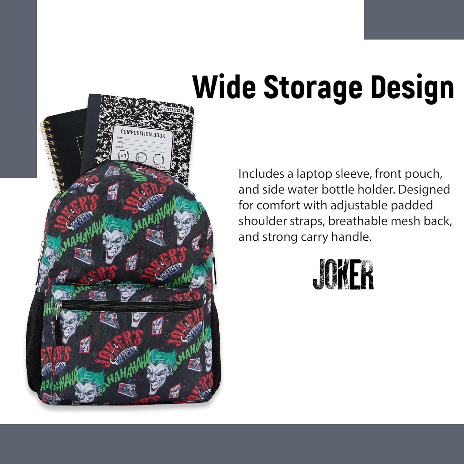 DC Comics Kids Joker Backpack - Batman, Superman, The Joker Superhero Bookbag for Boys Girls Toddlers and Adults - Laptop and Lunchbox Compatible School Bag (Joker Black)