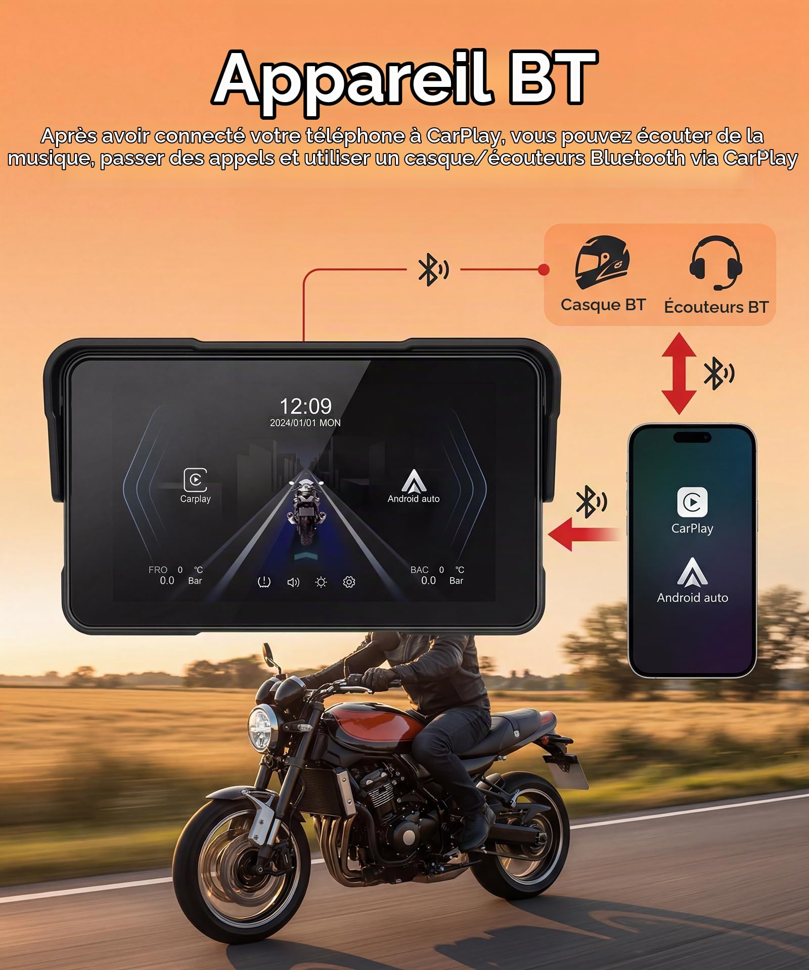 Rimoody 5 Pouces Écran Carplay pour Moto avec Commande au Guidon, Support Amovible, Moniteur sans Fil CarPlay & Android Auto, Radio CarPlay Étanche IP68 Bluetooth/Contrôle de la Pression des pneus