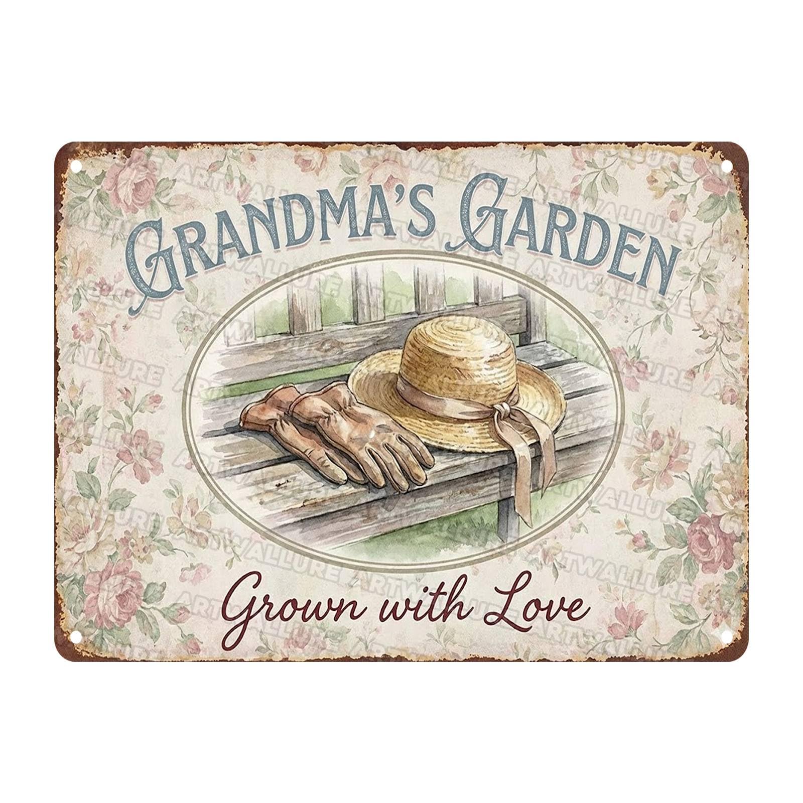 Grandma's Garden Grown with Love Sign Vintage Metal Tin Rose Floral Bench Art Retro Grandma Gift Mother Day Decor for Cottage Porch Patio Sunroom Flower Bed Yard Decoration 12x16Inch