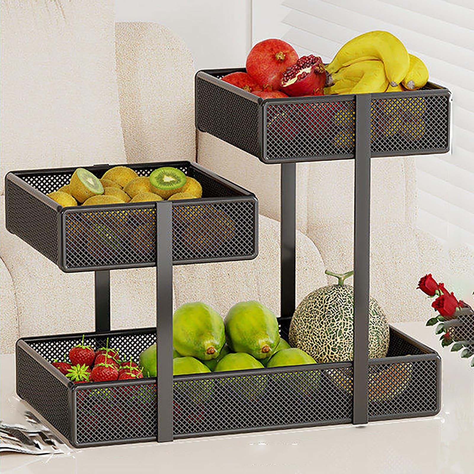 YYLMKMFC-AE 3-Tier Fruit Basket Bowl For Kitchen Counter, Metal Wire Vegetable Storage Holder Stand, Large Capacity Mesh Produce Organizer(Black)