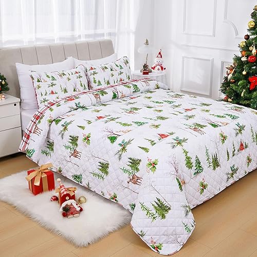 FRAMICS Juego de edredones de Navidad de 3 piezas, edredones de tamaño King, edredón reversible con estampado de cuadros rojos, edredones de granja