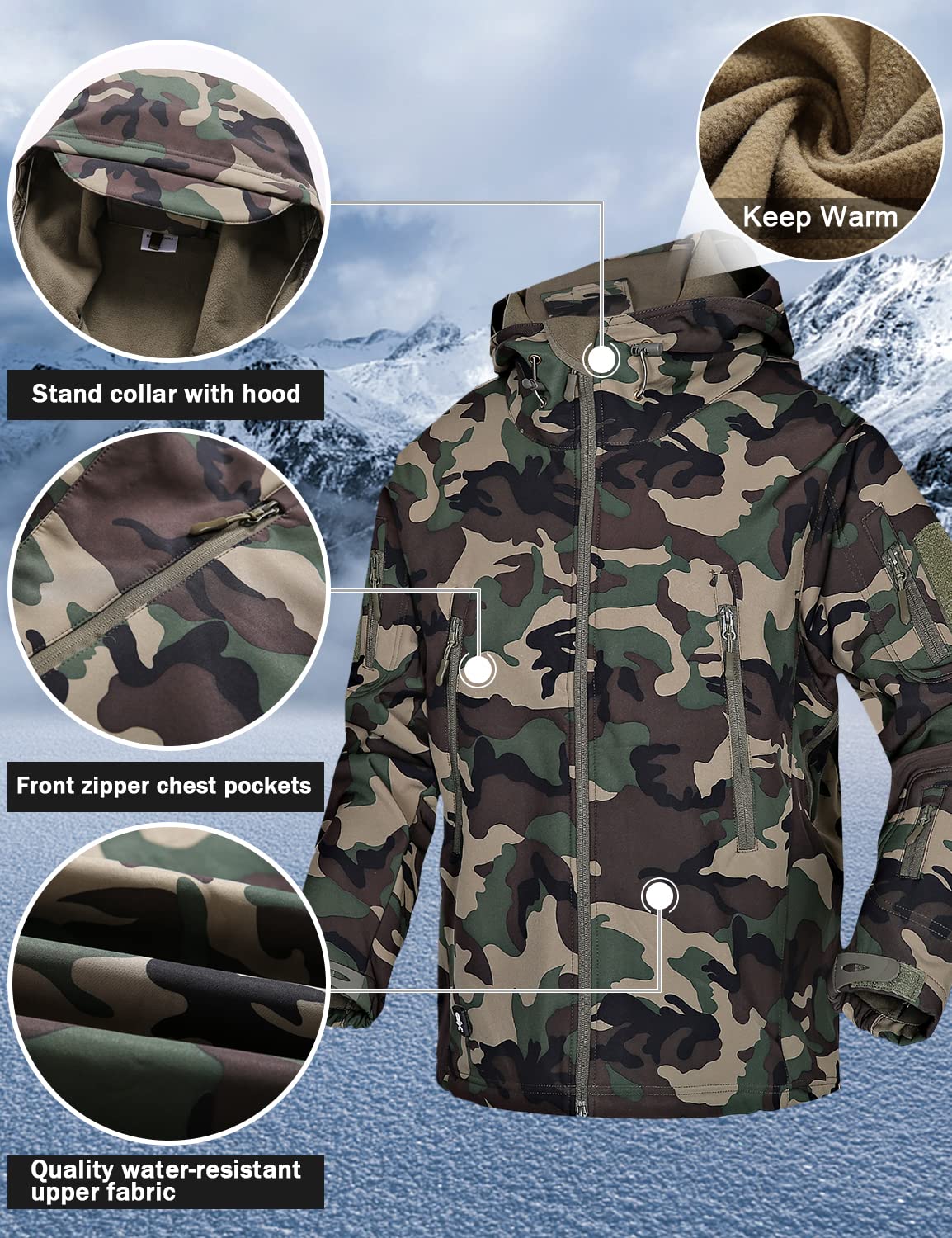 Homme Softshell Veste Militaire Tactique Imperméable Hiver Polaire Capuche Manteau avec Poches Multifonctions