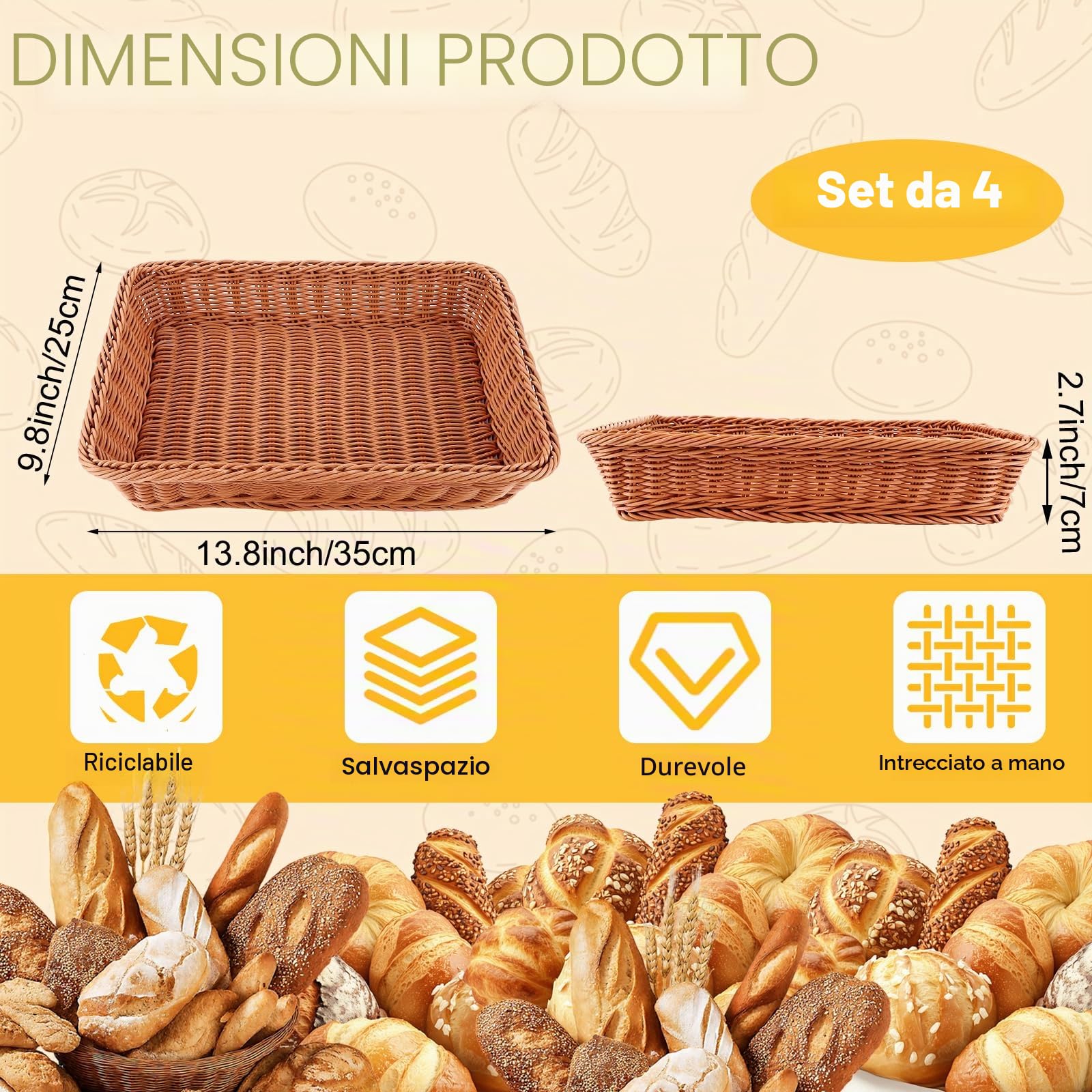 DAJAVE Set di 4 Mini Cestino in Vimini per Alimenti, 35 x 25 x 7 cm Caramelle, Gelatine e Frutta - Cesto Piccolo, Cestino Vimini, Contenitore per Alimenti - Cestino Vimini Piccolo Ideale