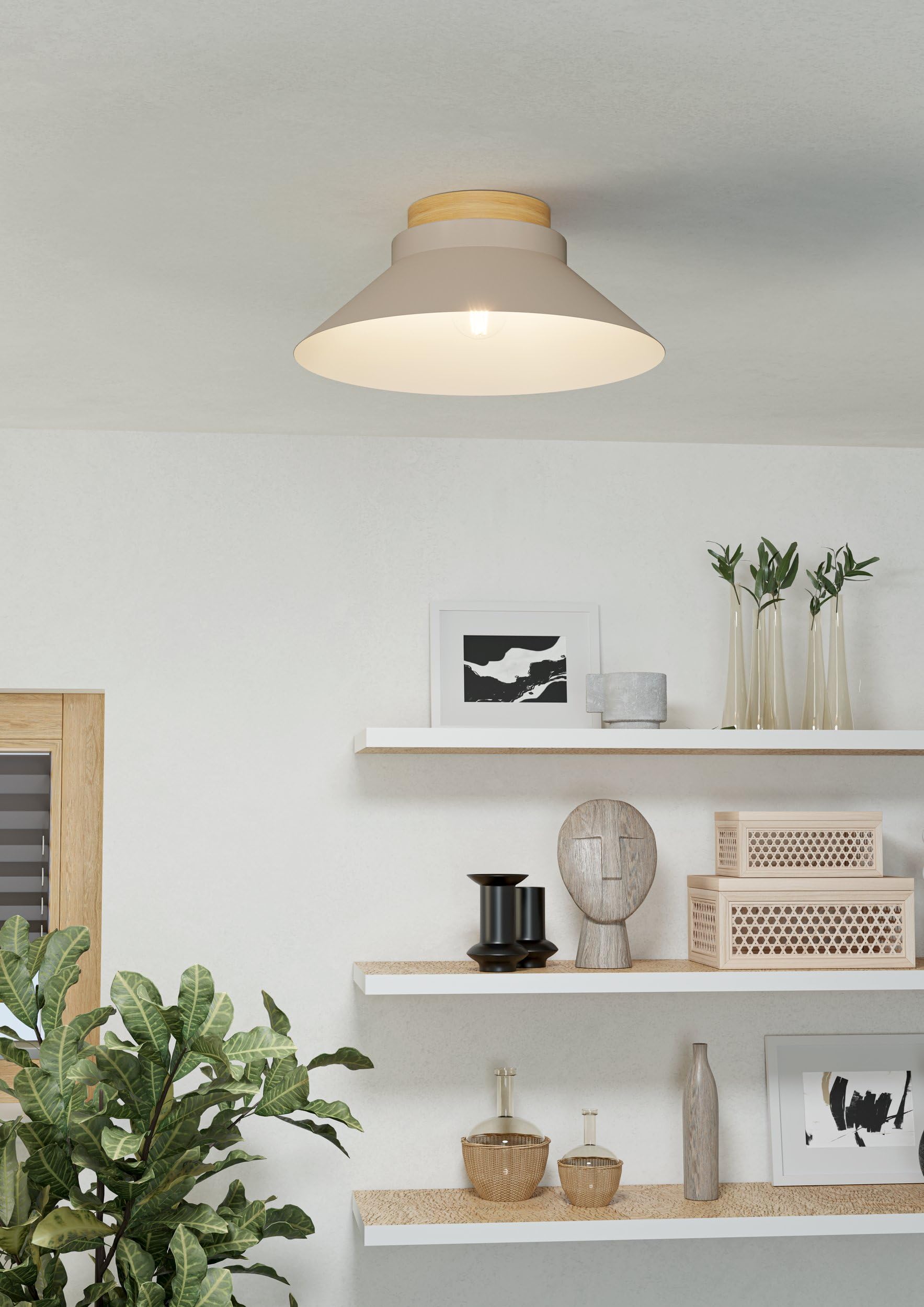 Eglo Luminaire plafonnier Moharras, spot de plafond au design scandi et | bohème, FSC100HB, lampe de plafond pour salon et couloir, bois naturel et métal couleur sable, douille E27