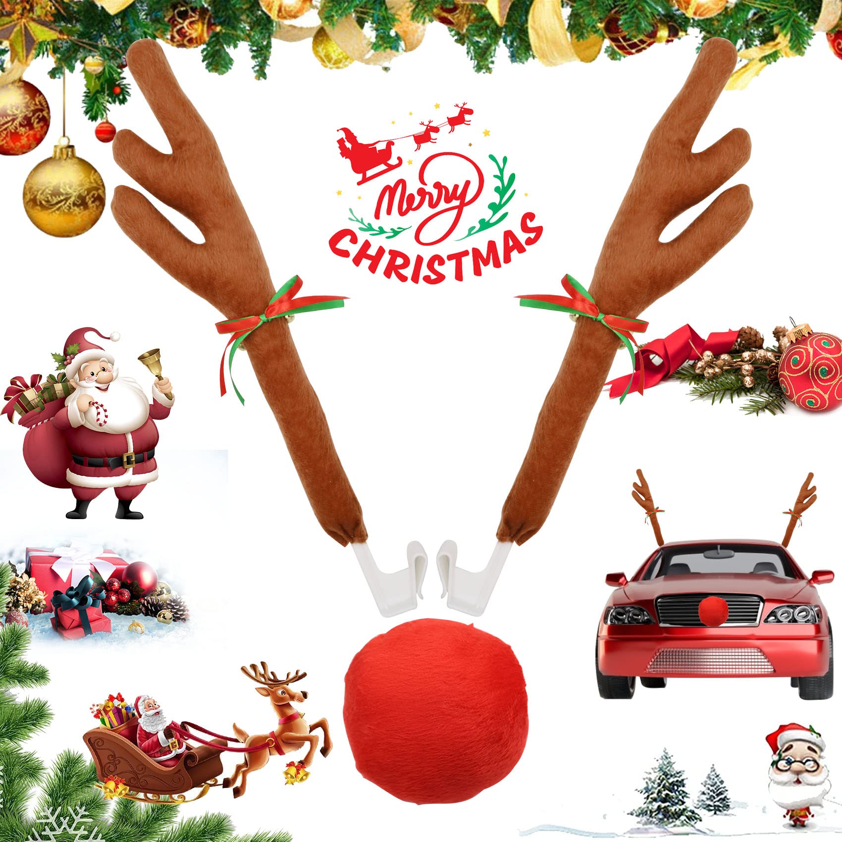 Christmas Car Decorations Car Reindeer Antlers and Nose with Jingle Bells for Window Top and Front Grille, Vehicle Christmas Decorations