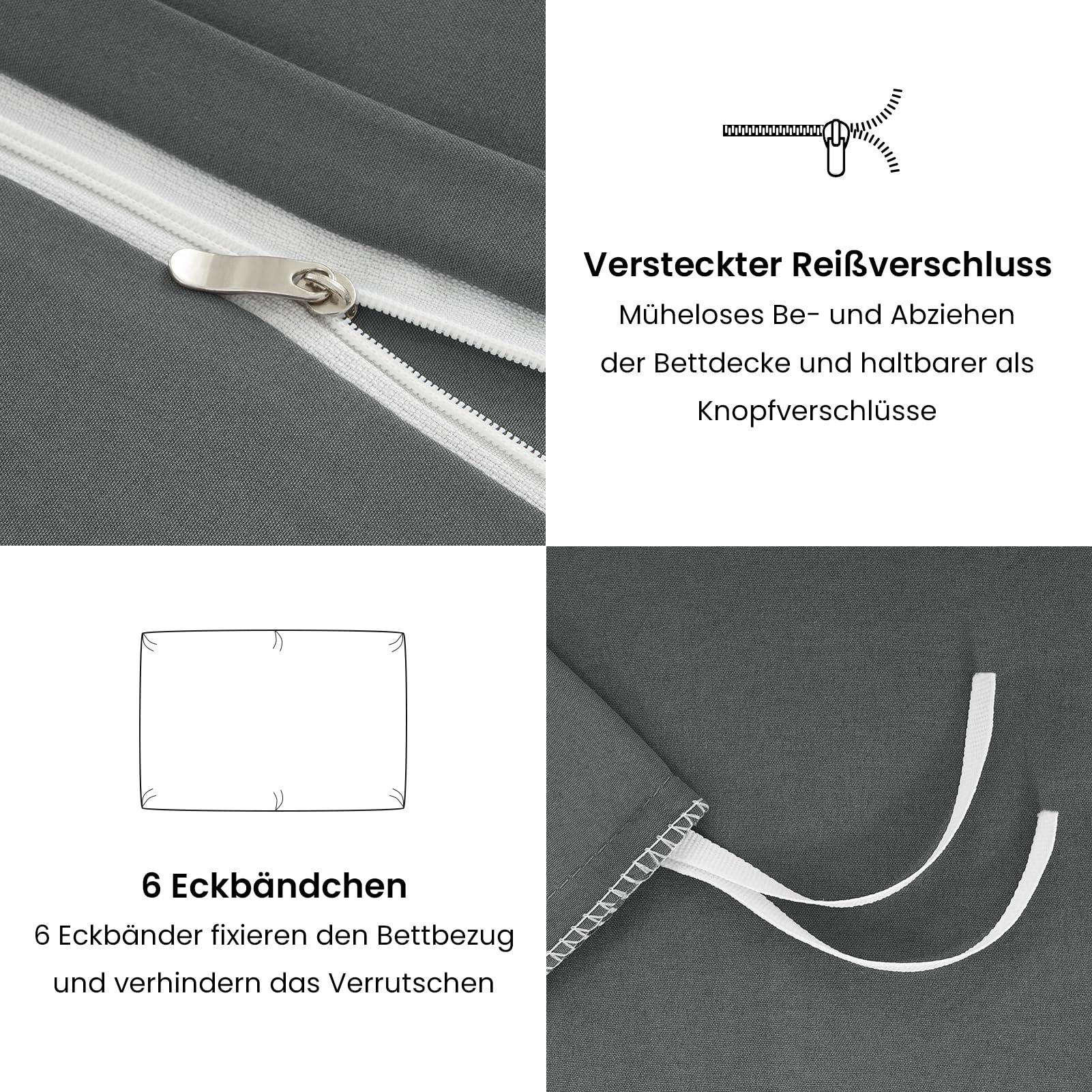 Bettwäsche 135x200 4teilig Grau，Bettwäsche-Sets Mikrofaser Bettbezug 135 x 200 2er Set + 2 Kissenbezüge 80x80 cm,Kuschel Weiche Bettwäsche Anthrazit mit Reißverschluss