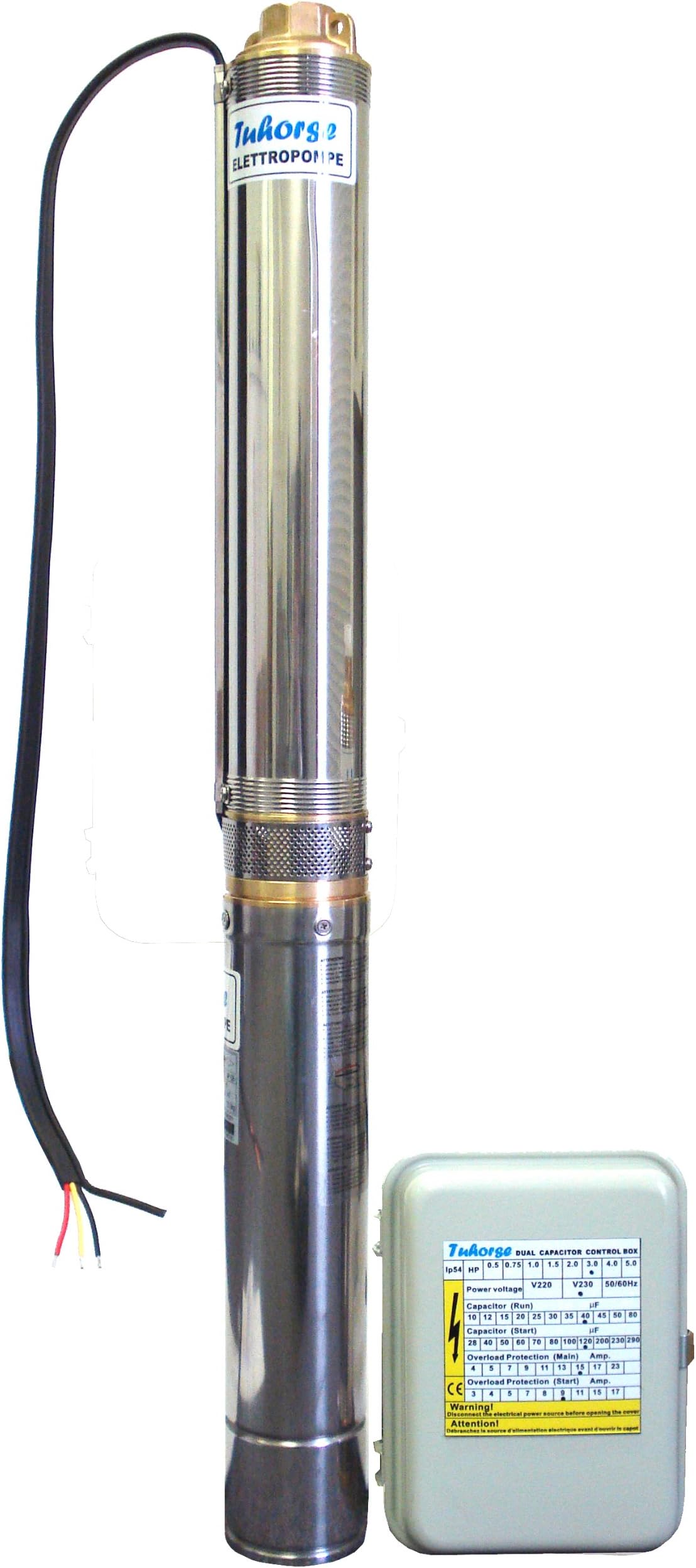 3 HP 4" Submersible Well Pump Complete Set Incl Motor, Pump-end and Control Box. 400ft Maxhead, Rated 23gpm, 30gpm Max. 1-Phase 230v, 60Hz, 2.2kw, 3450 RPM, 1 Year Warranty