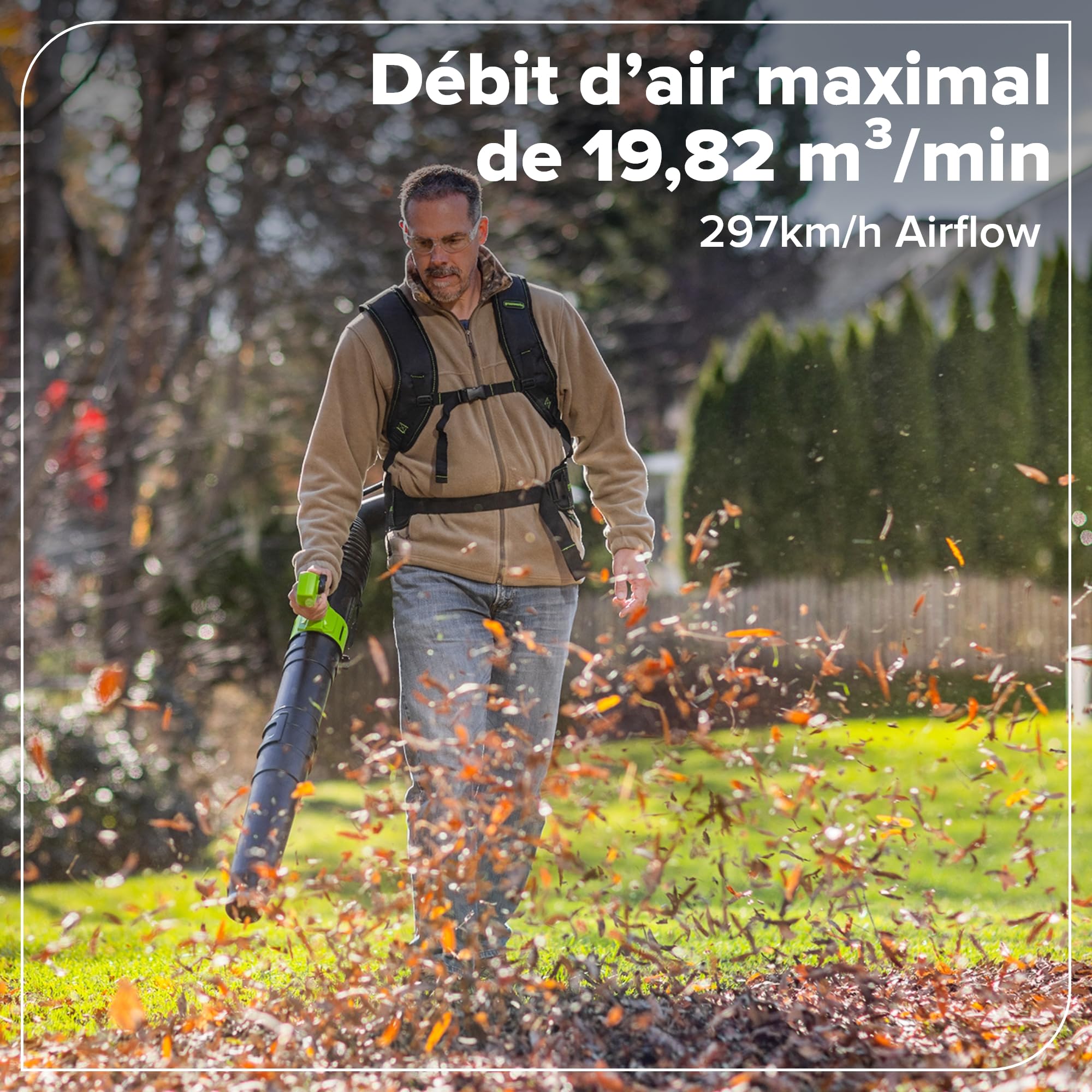 Greenworks Souffleur à Dos 48V (24V x 2), Moteur Brushless, 19,82 m³/Min, 297 km/h, Technologie QUIETFORCE – sans Batterie ni Chargeur BL48020A1