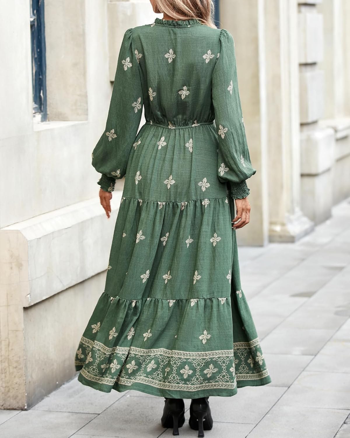 BTFBM Women's Fall Wedding Guest Dresses 2025 Casual Floral Long Sleeve V Neck Front Tie Flowy Boho Maxi Dress Pockets - Image 3