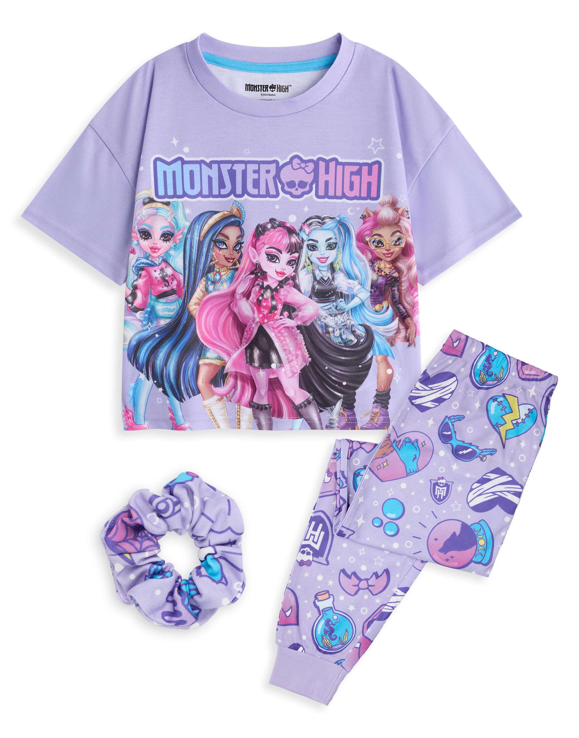 Monster High Girls 3 Piece Pyjama Set | Kids Purple All Over Print Long Leg Bottoms & Night Top with Scrunchie Bobble | Childrens Short Sleeve PJs with Character Graphic Print | Cartoon Series Gift