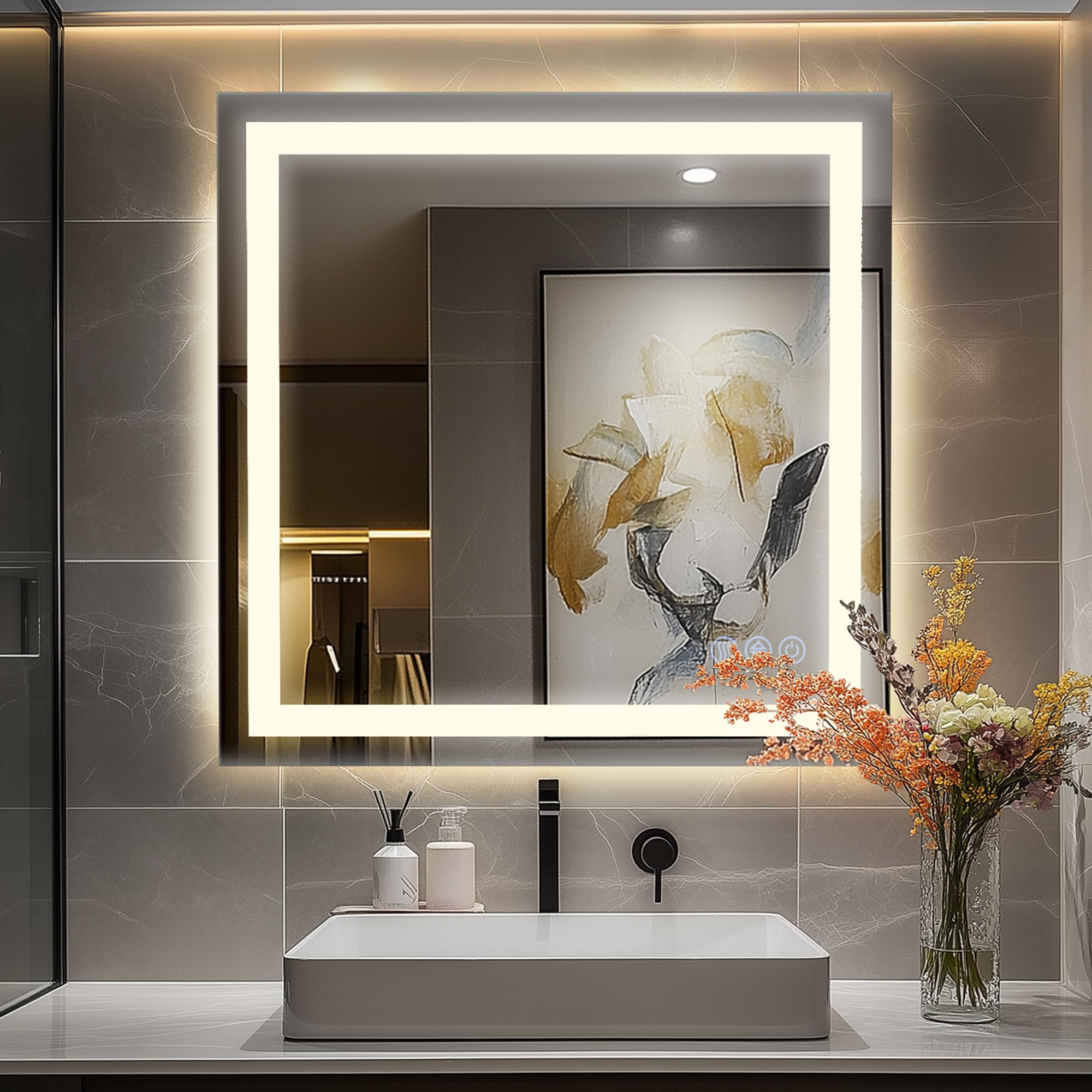 Antok 36x 36 LED Bathroom Mirror with Lights Anti-Fog Dimmable Lighted Vanity Mirror with Tempered Glass Memory Function