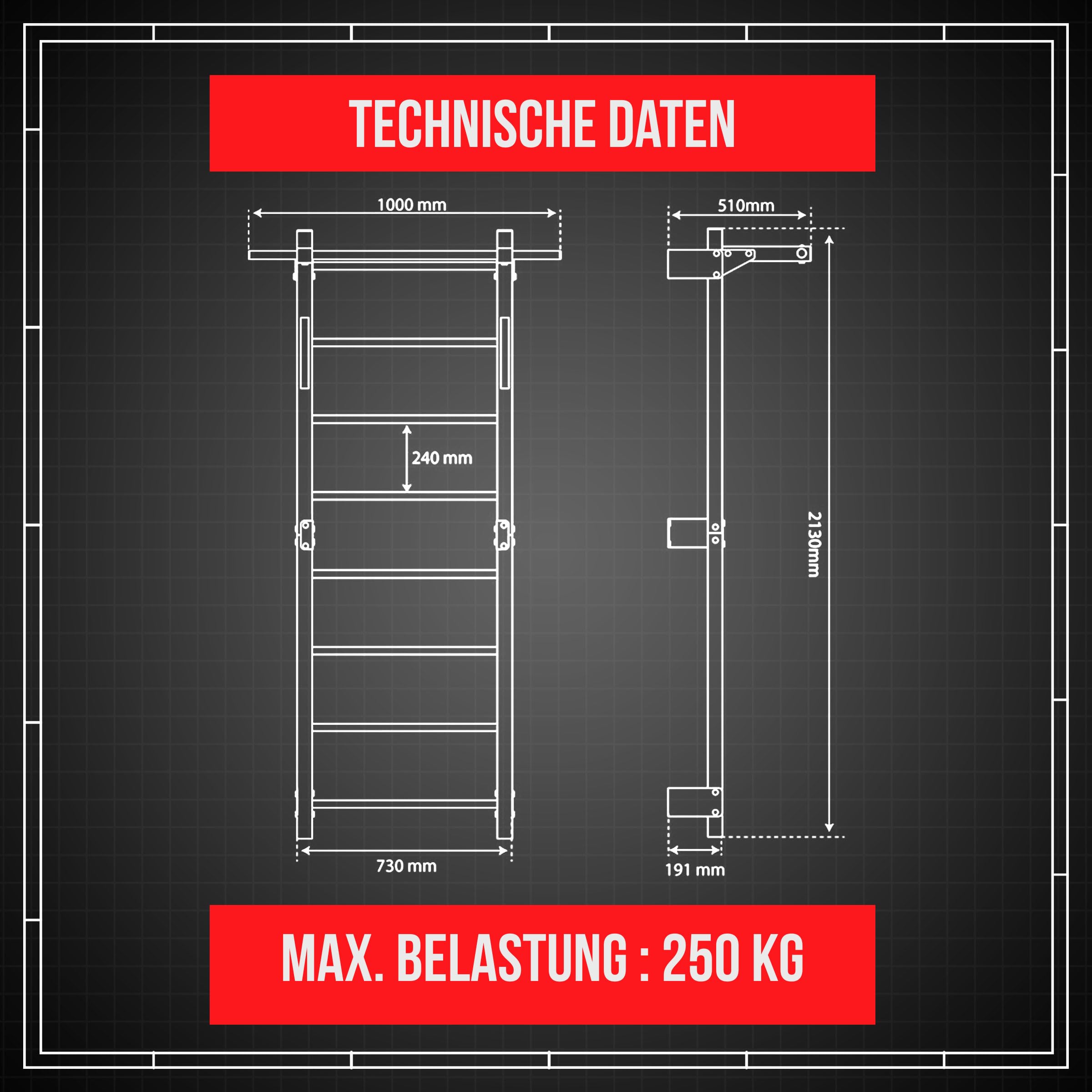 K-Sport: Espalier avec 8 échelons - Charge maximale : 250 kg - Avec barre de traction - Mur d'escalade en métal pour adultes et enfants - E-book inclus