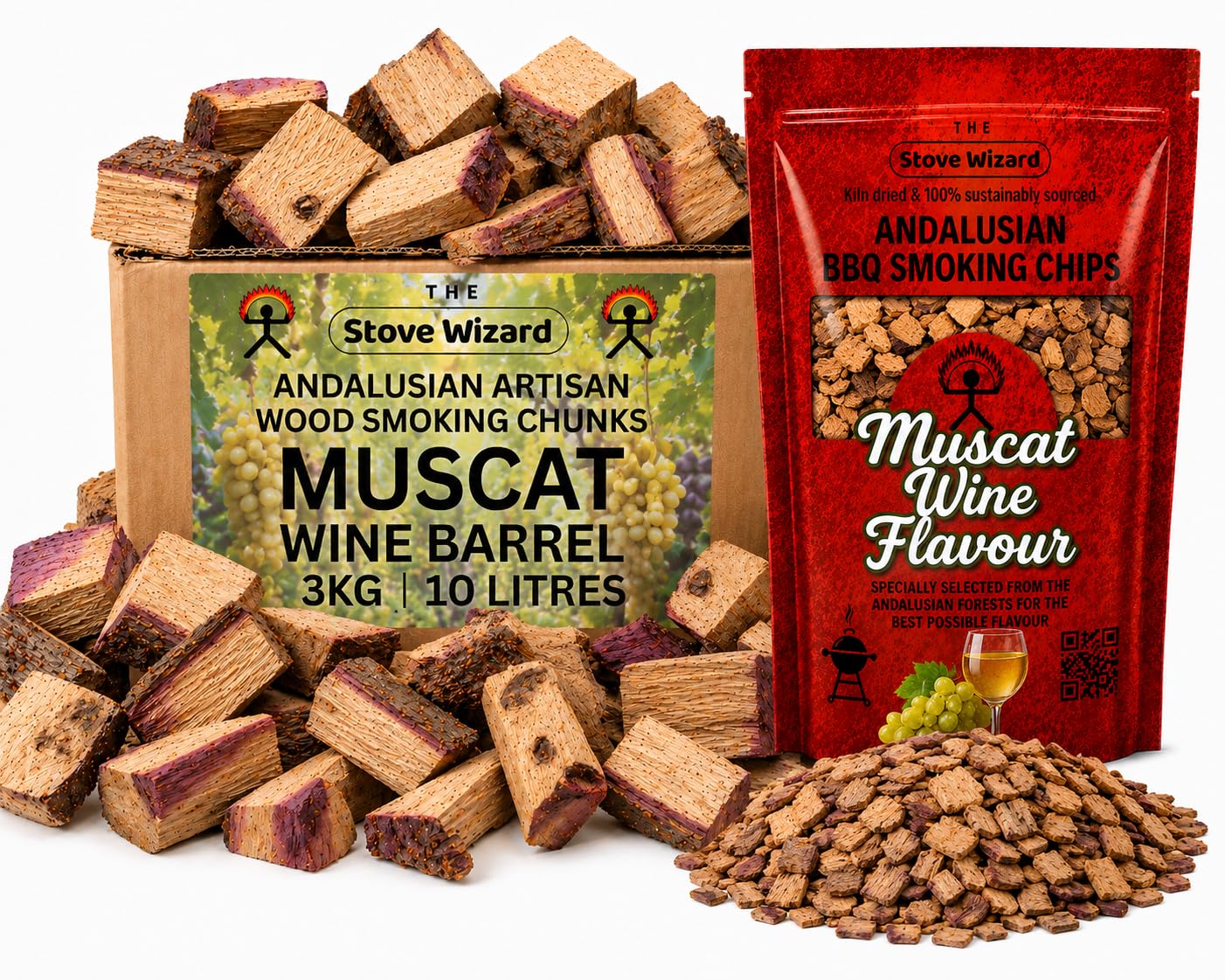 The Stove Wizard Muscat Smoking Wood Chips & Chunks Bundle 3.4 + 10 Litres