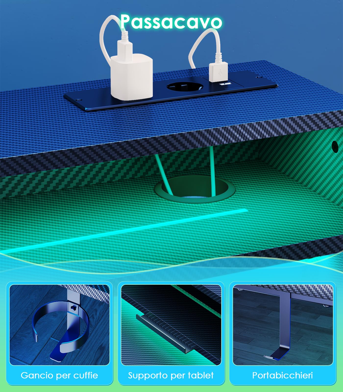 OffiGo Scrivania Regolabile in Altezza con LED RGB, 140×60 cm, Nero | Scrivania elettrica gaming con porte USB, Scrivania motorizzata con 3 memorie, Scrivania regolabile per home office
