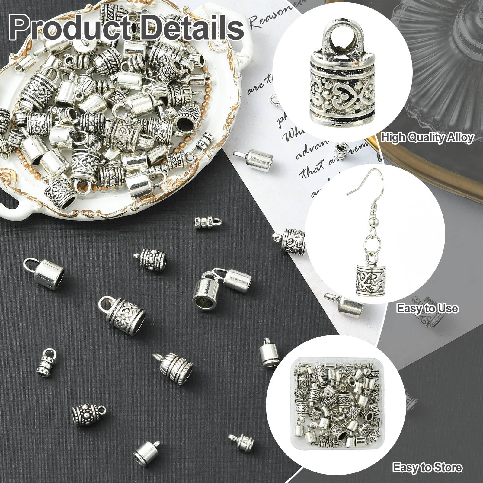 UR URLIFEHALL 90 Pcs Random Tibetan Style Cord End Caps Antique Silver Column Dangle Charms for DIY Jewellery Making Bracelet Necklace - Image 3