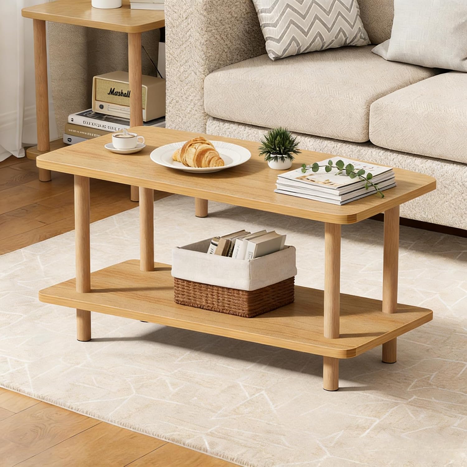 2-Tier Coffee Table Solid Wood Legs Floor Desk Storage Shelf Natural Finish