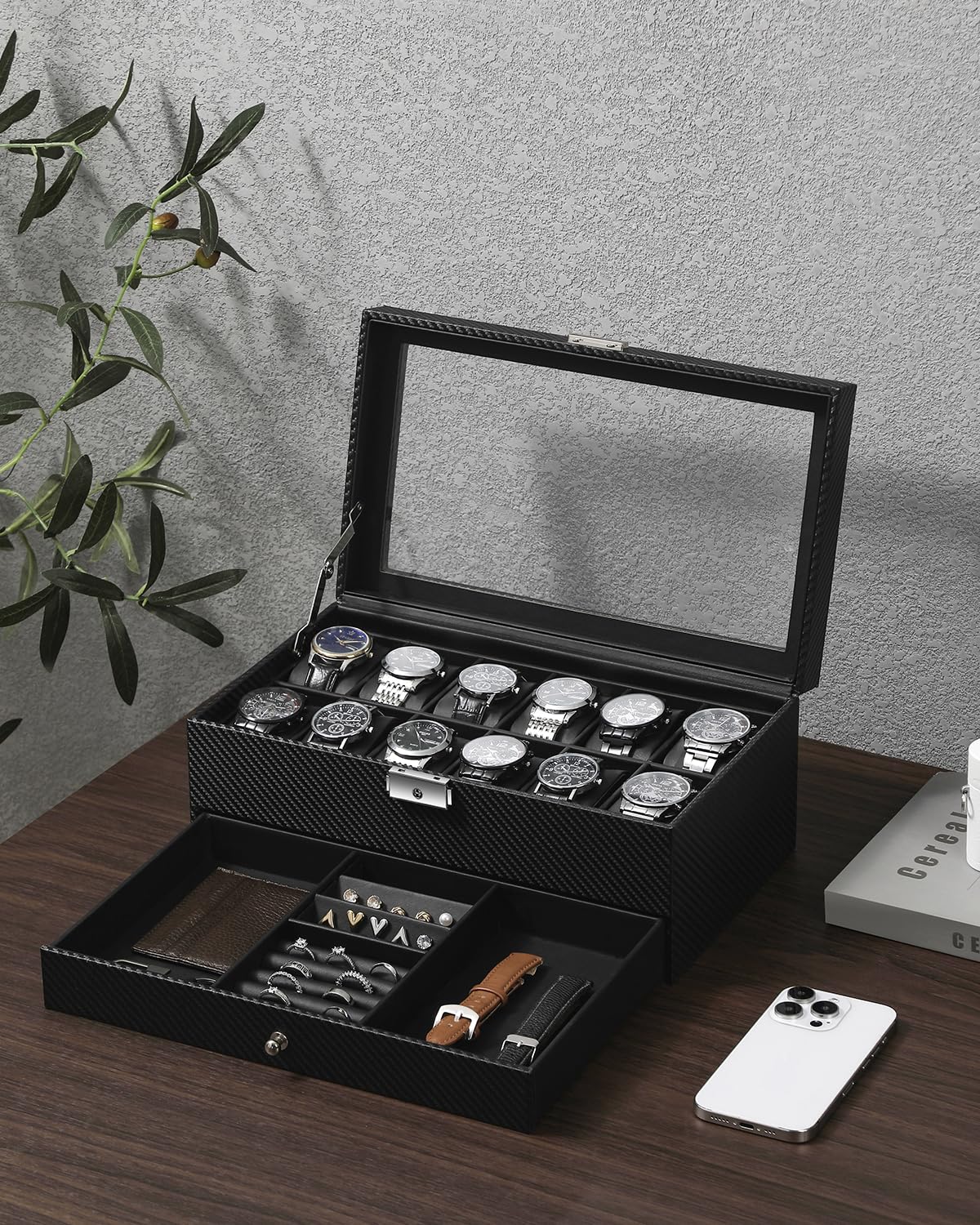 Caja de Reloj para 12 Relojes, Caja de 2 Niveles con Tapa de Cristal y Cajón, Caja de Reloj para Hombre con Cerradura de Llave para Hombres, Anillos, Gemelos y Relojes, Color Negro