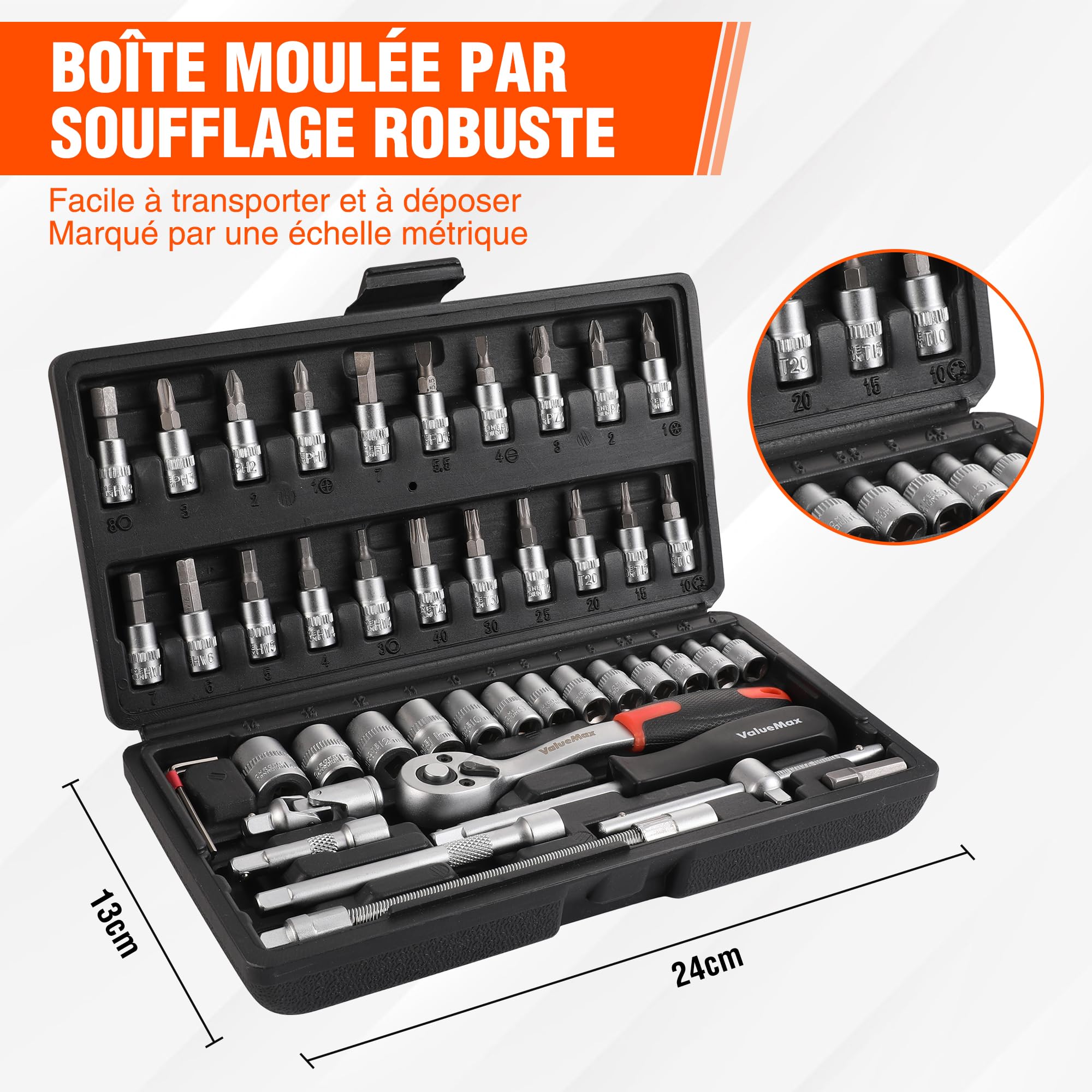 Image secondaire de Coffret de Douilles ValueMax 46 Pièces avec Clé à Cliquet 1/4