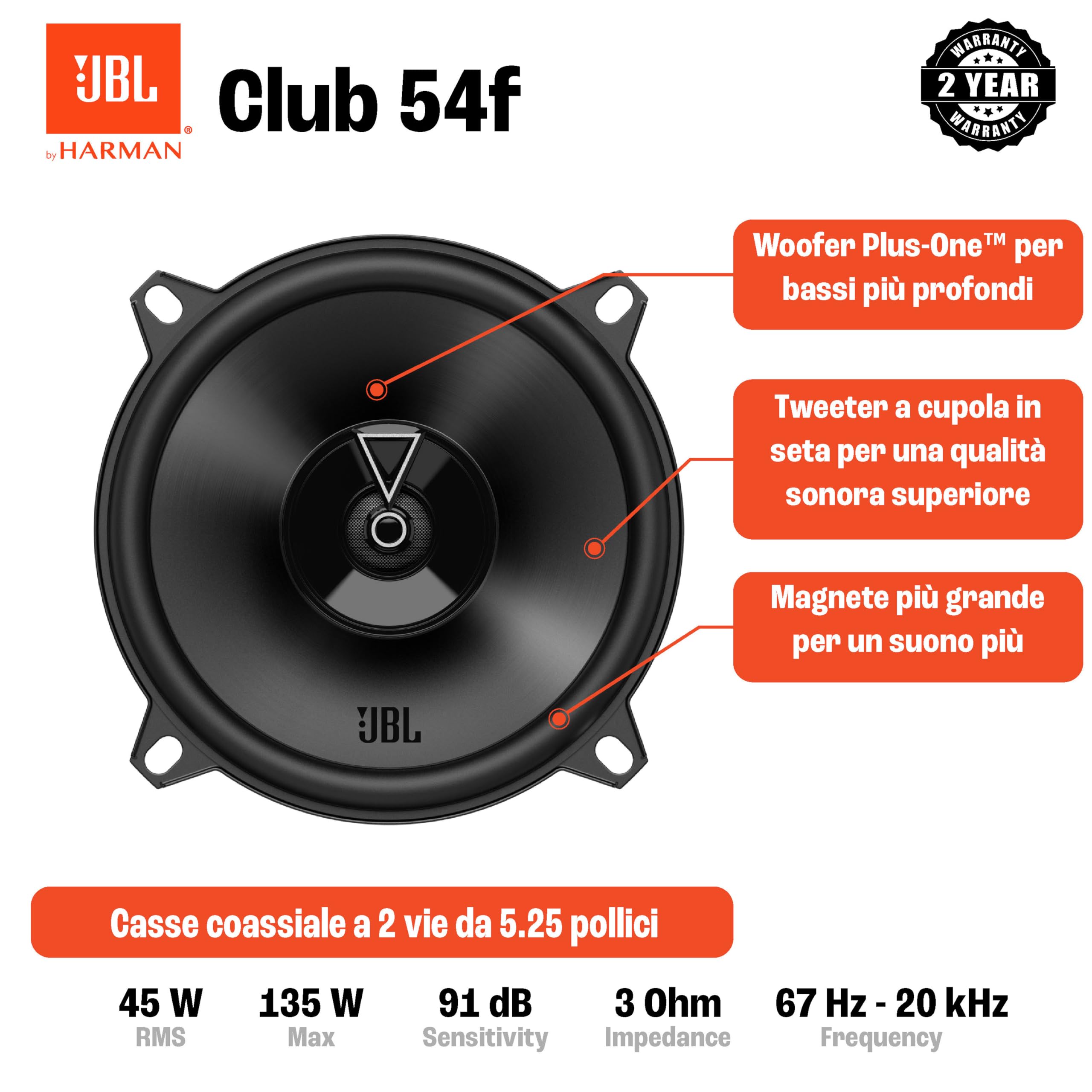 Cassa JBL Club 54F Gen 3 - Casse Auto 13cm di Harman Kardon - Upgrade degli Altoparlanti Macchina da 130mm - 135W, Alta sensibilità, Bassi intensi e Risposta alle Alte frequenze Impressionante