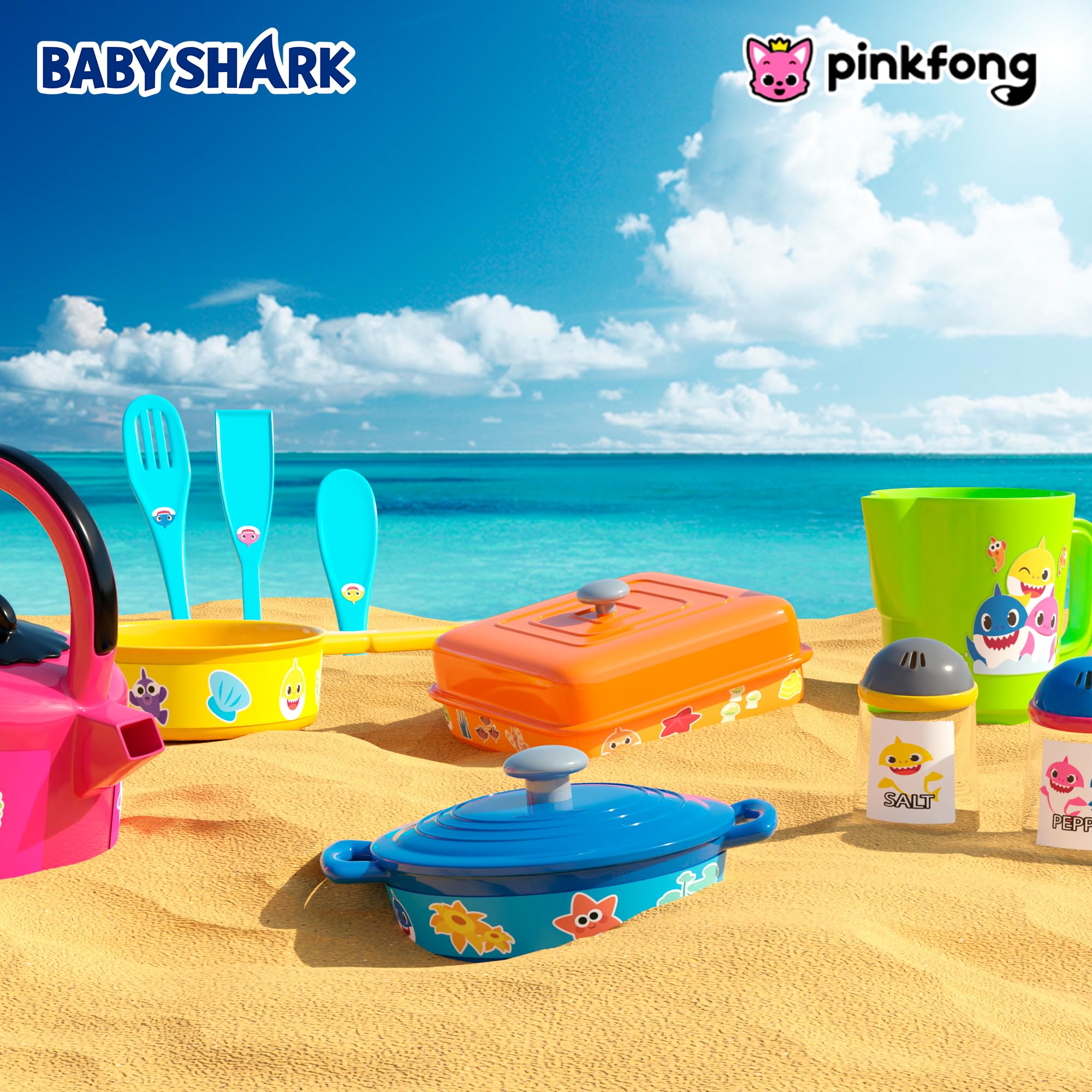 Baby Shark Cooking Adventure Set - Juego de cocina con ollas, sartenes, utensilios, taza medidora, tetera de té, sal y pimentero, gran juego de cocina para niños 5