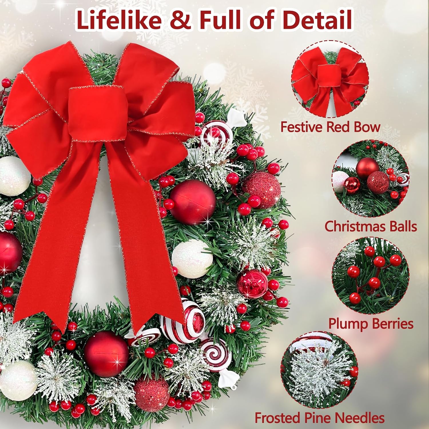 Christmas Wreath with Lights, 20" Christmas Wreaths for Front Door with Red Bow, Christmas Door Wreath for Indoor Outdoor Fireplace Wall Window Christmas Decor