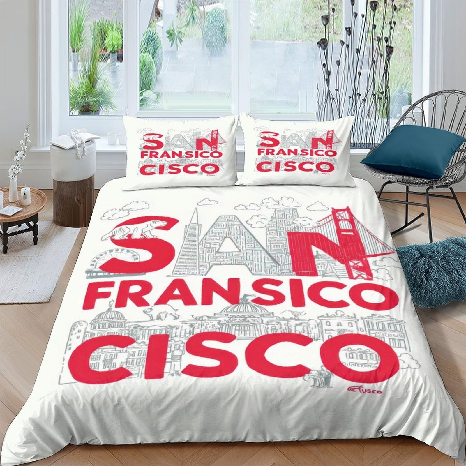 Ctjqhvkz Style-3 3D Printed San Francisco Cityscape Fitted Sheet Microfiber Red Bridge Bed Cover For Bedroom Guest Room Decor Single（135X200cm）