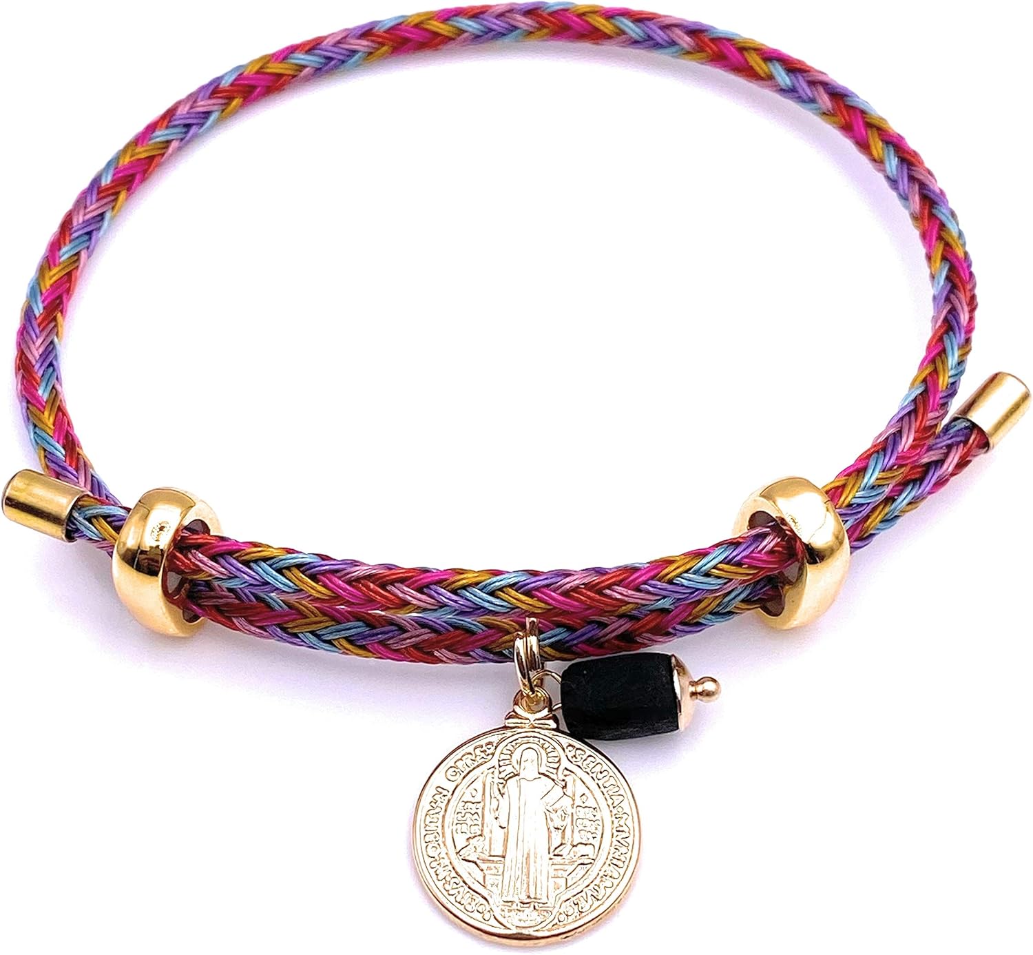 LESLIE BOULES 18K Gold Plated Saint Benedict Colored String Bracelet Charm Genuine Azabache Stone - Image 7