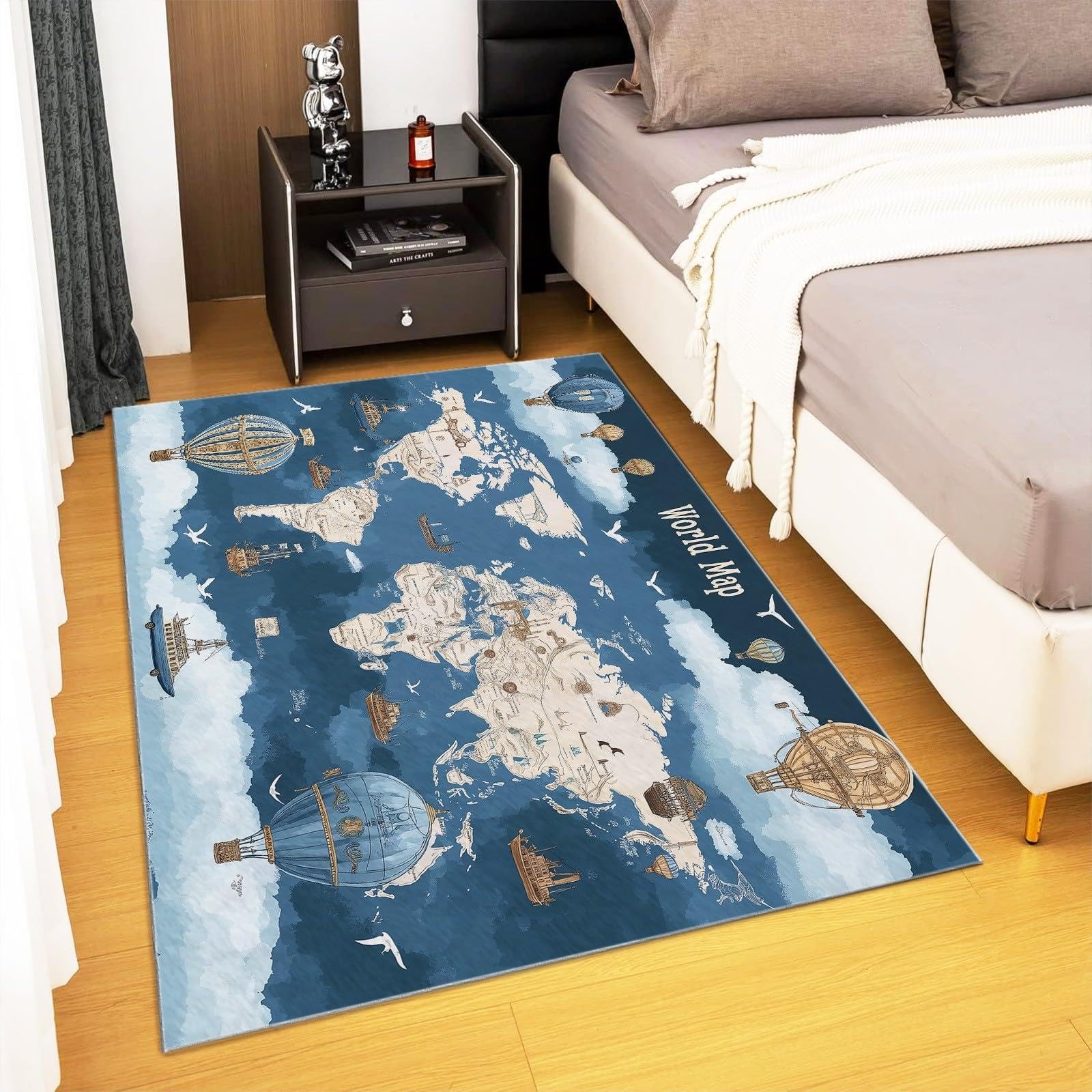 Tappeto per bambini con mappa del mondo blu, mongolfiera, tappeto per soggiorno, camera da letto, lavabile, antiscivolo, per camera dei bambini, cameretta dei bambini, tappeto da gioco, 120 x