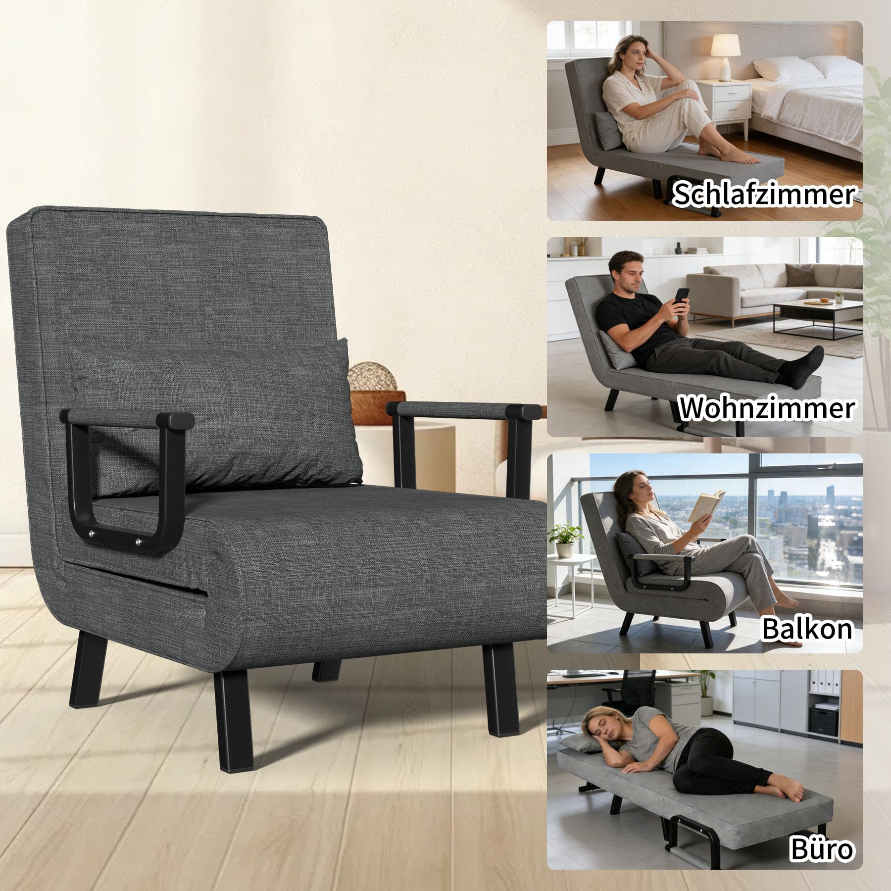 Schlafsessel 3 in 1 Schlafsofa mit Bettfunktion Schlafsofa Gästebettfür Verstellbarer Rückenlehne Metallrahmen Leinen für Wohnzimmer Kleine Räume Schlafzimmer Balkon (Grey, 1)