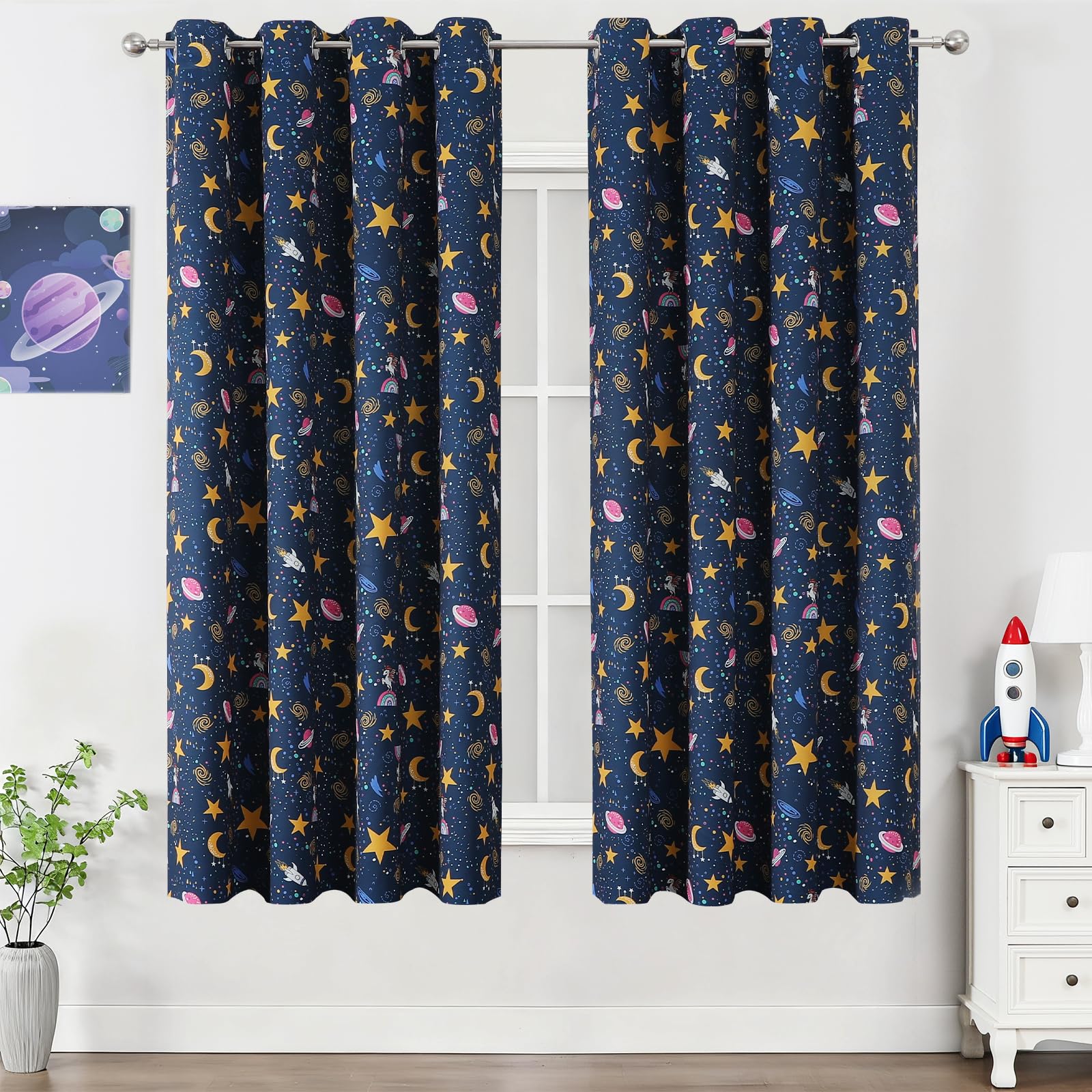 Navy Blue Star Moon Theme Blackout Curtains 63 Inches Long for Boys Bedroom