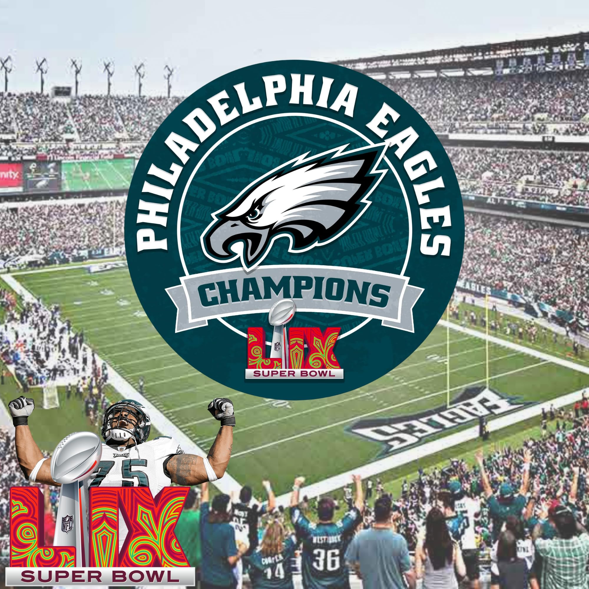 Fan Creations Philadelphia Eagles 2025 Superbowl LIX Champions Wandschild, klassisch, kreisförmig, rustikale Holzdekoration für Männerhöhle, Spielzimmer, Wohnheim oder Zuhause, NFL-Fan-Sammelstück von