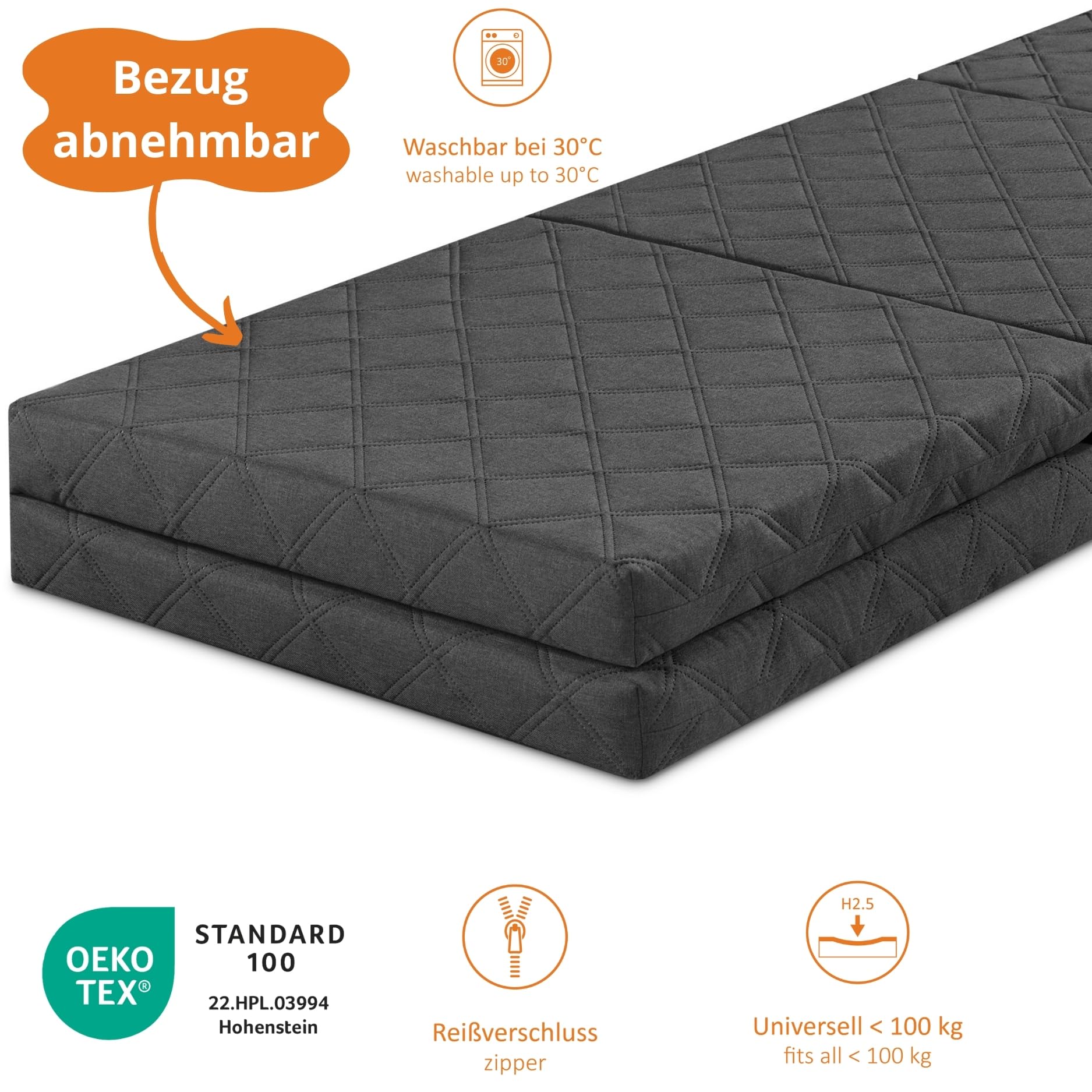 sleepling Twin Doppel Klappmatratze, 6-teilige Faltmatratze für 2 Personen, Gästematratze klappbar, Faltbare Matratze, Sitzhocker mit Husse, Made in EU, Oeko-TEX, H2.5, 195 x 140 x 8 cm, grau