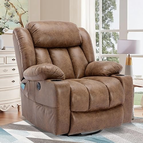 Silla reclinable mecedora giratoria manual con masaje térmico, silla de descanso giratoria de 360 con 2 portavasos, bolsillos laterales y puertos
