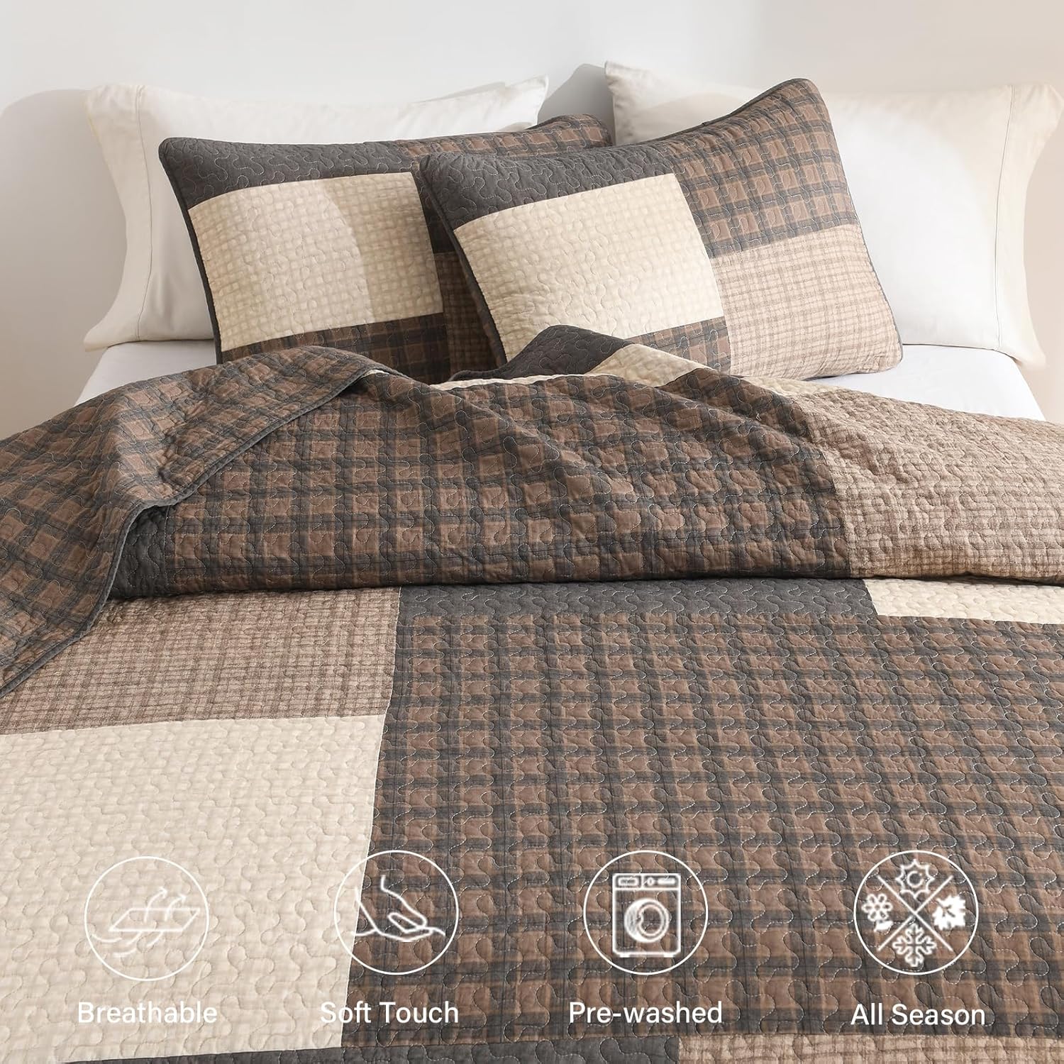 Finlonte 100% Cotton Queen Size Quilt, Queen Comforter with Pillow Shams, Farmhouse Plaid Quilted Bedspread, Lightweight Soft Quilt Bedding Set, Brown/Beige/Gray
