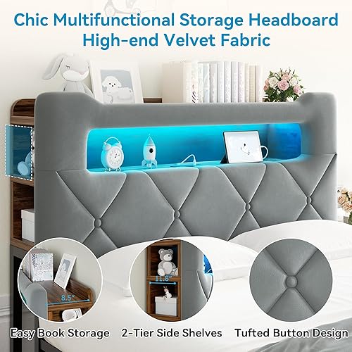 Miniatura 5 de Base de cama LED tapizada tamaño Queen con 2 cajones de almacenamiento y cabecera de almacenamiento de 2 niveles, cama de plataforma de terciopelo