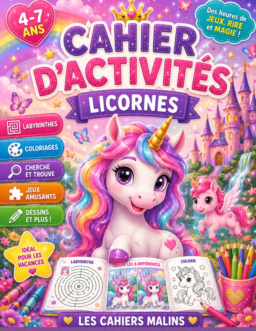 Cahier d’activités Licornes : jeux, coloriages, labyrinthes et défis pour les vacances !: Idéal pour les vacances – 4-7 ans Jeux éducatifs et amusants pour filles