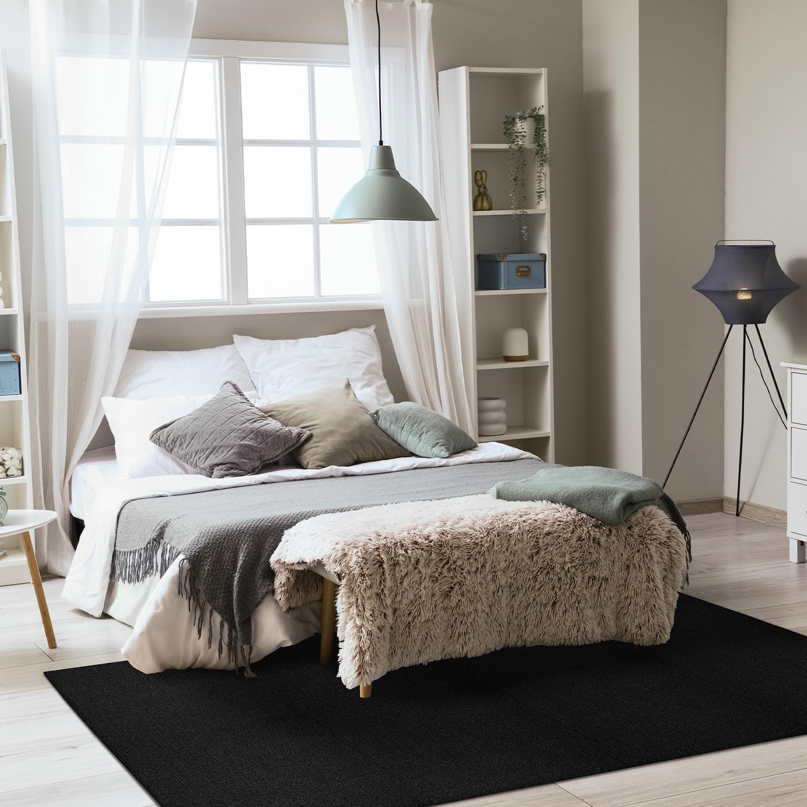 Carpet Tiles Peel and Stick, Self Adhesive Carpet Floor Tile 24" x 24", Black Soft Padded Flooring Sticker, Home Decor for Bedroom Living Room Office, 10 Tiles per Box