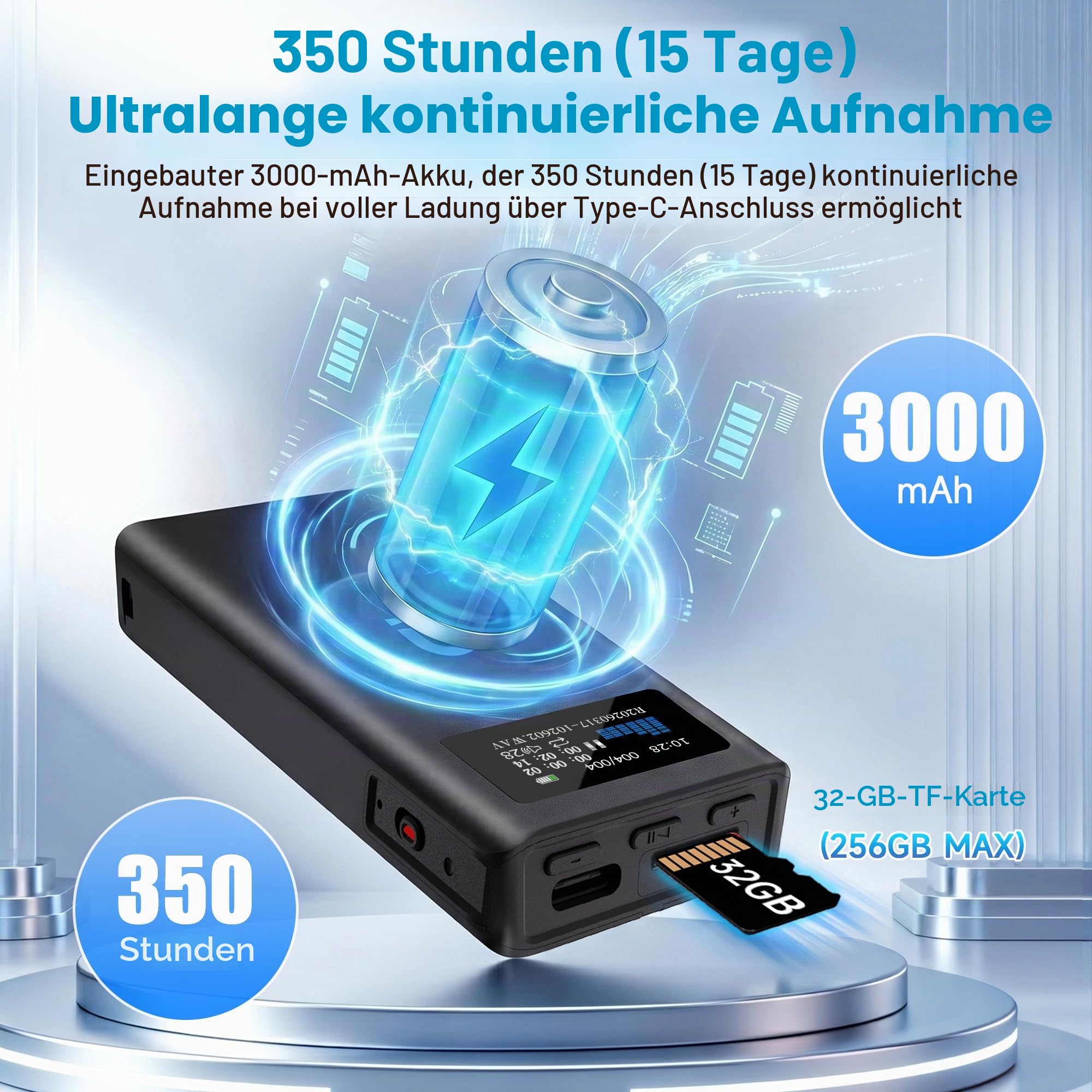 32GB Magnetischer Sprachrekorder mit 350-Stunden-Akku, TF-Kartenerweiterung, Lautsprecherwiedergabe und EIN-klick-Aufnahme, Tragbares USB-C Aufnahmegerät für Meetings und Interviews