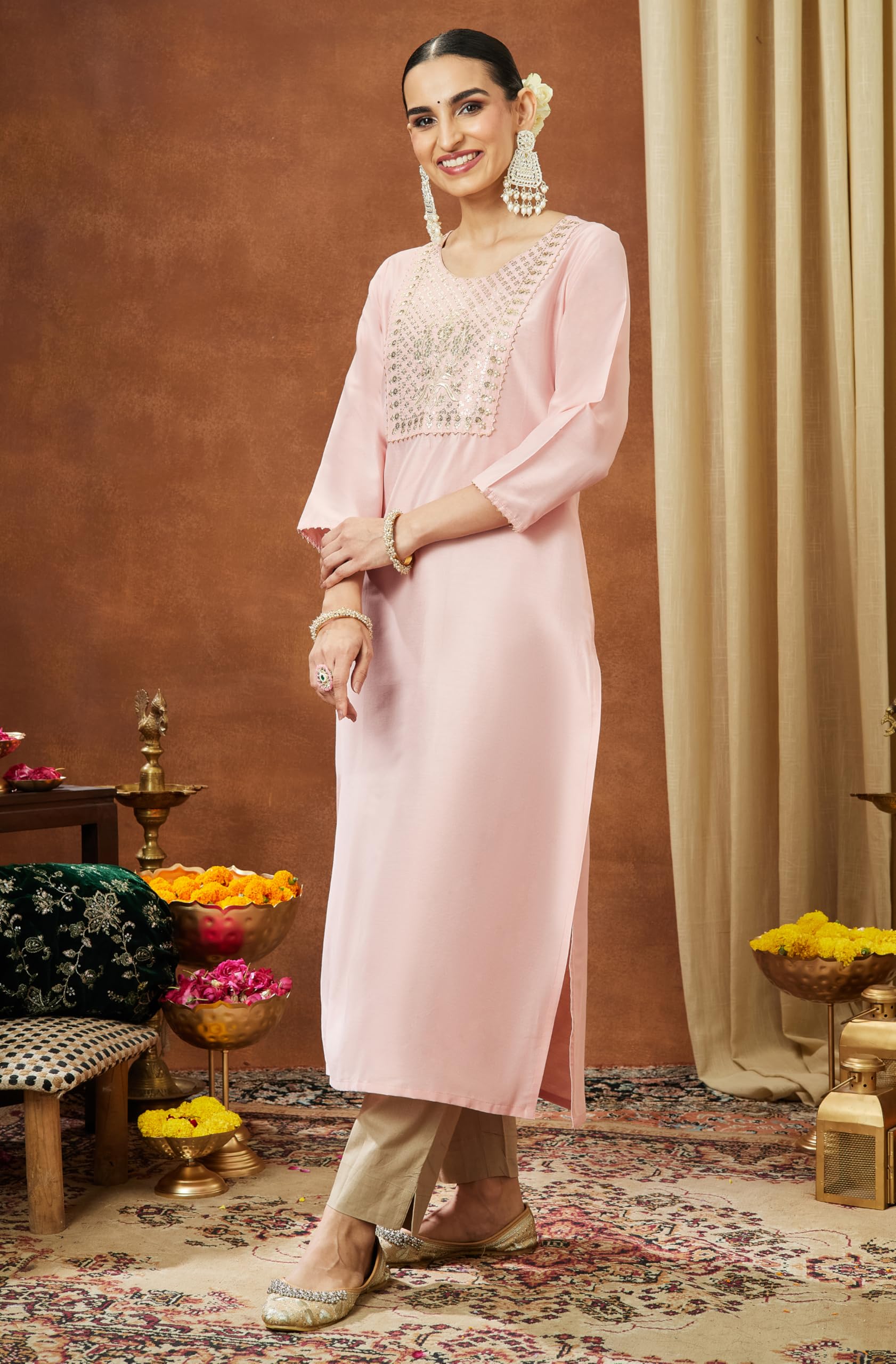 Janasya Women's Light Pink Chanderi Silk Yoke Embroidered Straight Kurta product image 2