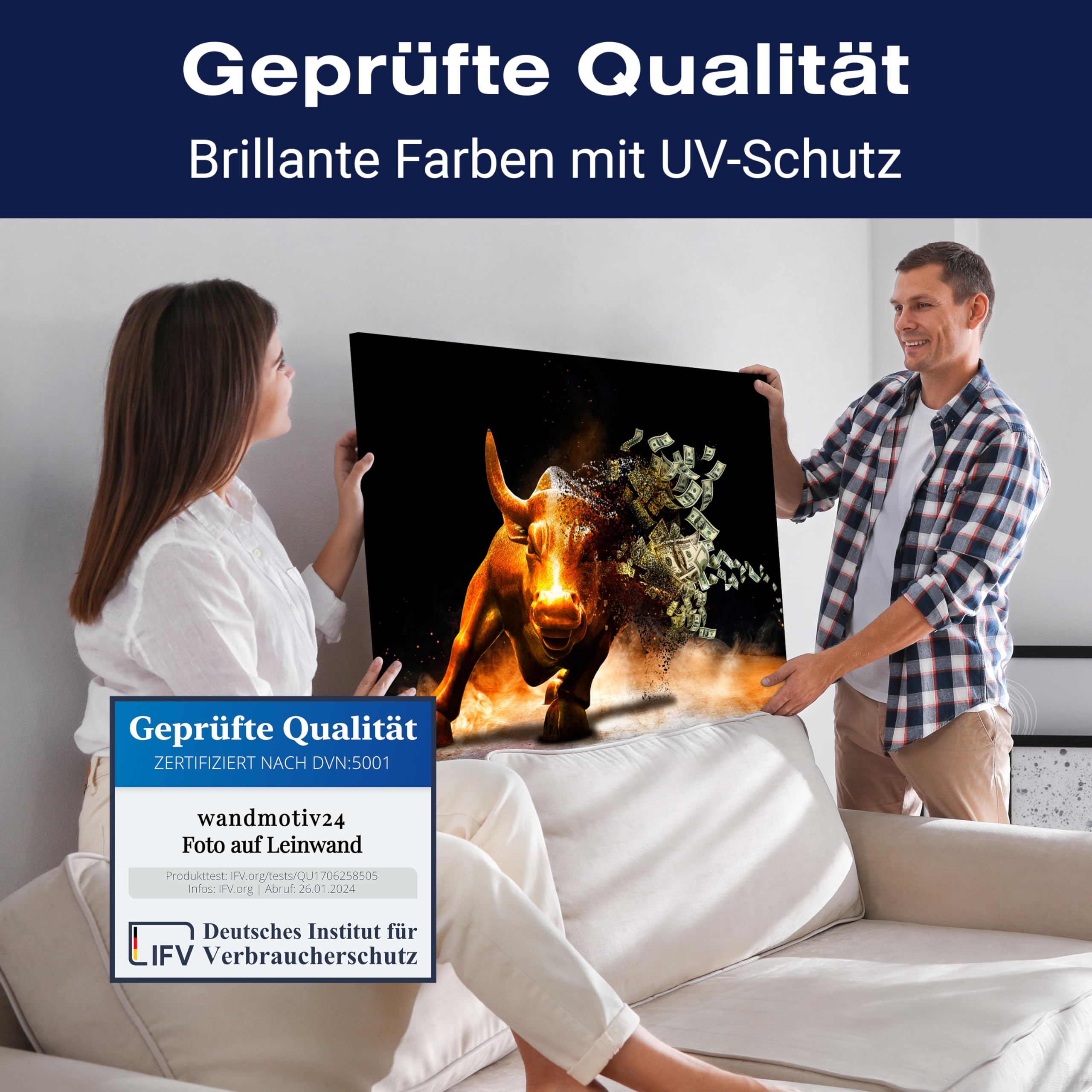 wandmotiv24 Leinwandbild Motivation, Querformat, Stier Moneybull M0133