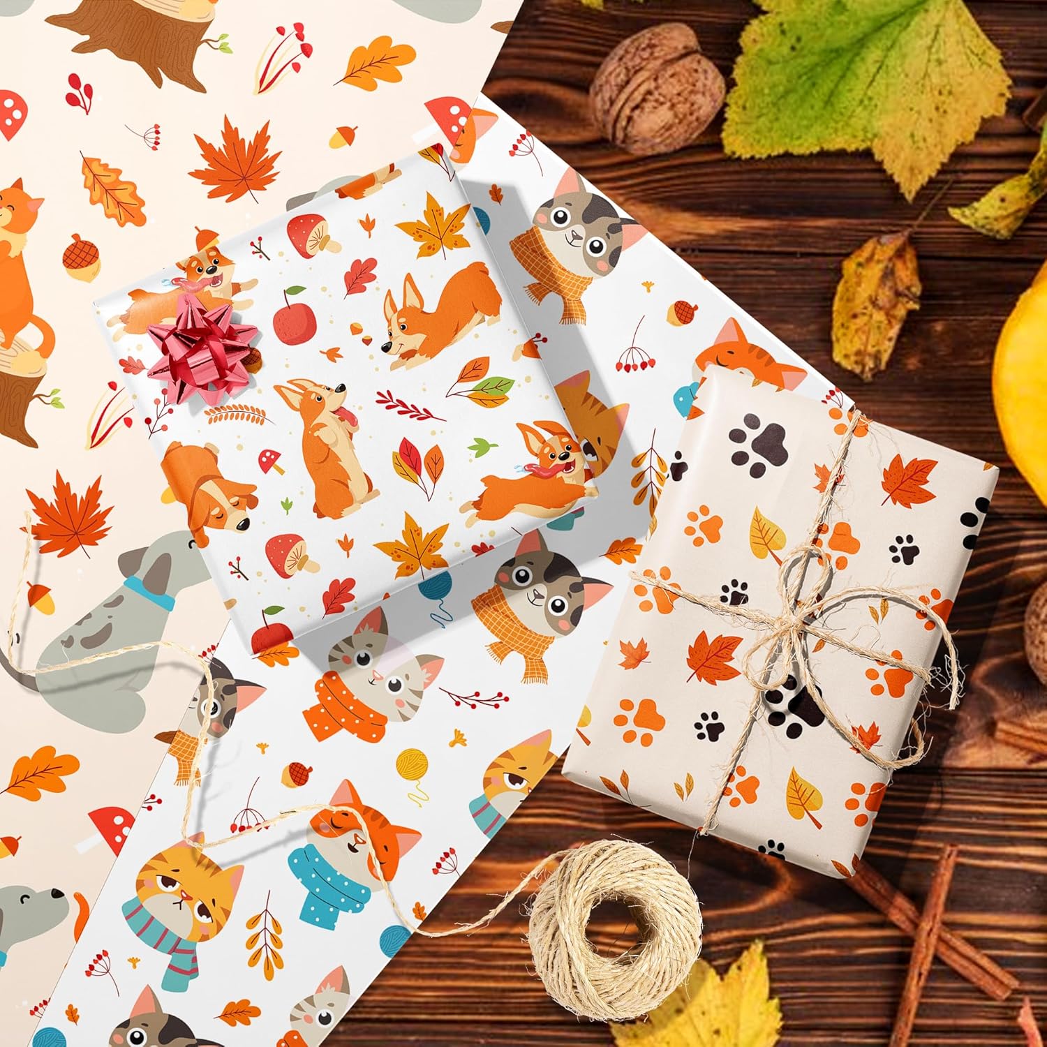 HOWAF 12 Sheets Fall Wrapping Paper, Fall Cats Dogs Gift Wrapping Paper for Autumn Season Thanksgiving Party Favors Gift Decor, Autumn Cats Dogs Paw Gift Wrap Supplies - Image 7