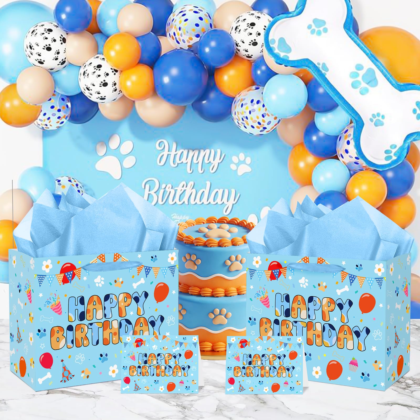 Cartoon Blue Dog Birthday Gift Bag with Wrapping Paper and Greeting Card Cute Blue and Orange Dog Gift Wrap Paper Bags Large Cartoon Birthday Party Favor Bags Decorations for Girls Boys Party Supplies