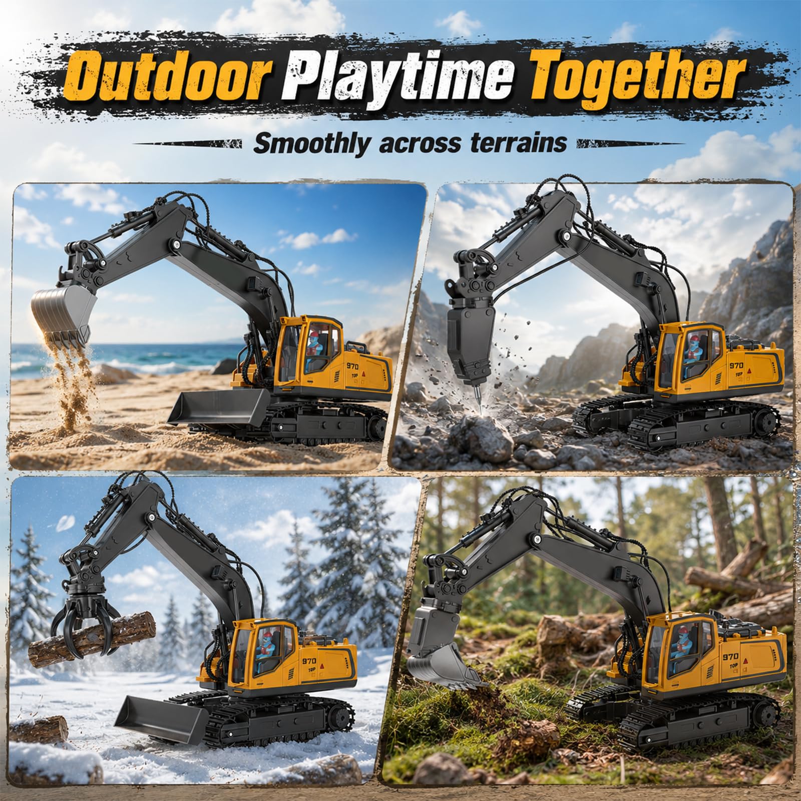 3 In 1 Ferngesteuerter Bagger Mit Metall-Aufsätzen,Für Kinder Ab 6 Ahren | 2,4Ghz Ferngesteuerter,2 X Batterien,680° Drehbarer,Licht Und Sound,Rc Bagger Spielzeug Für Sandkasten & Outdoor