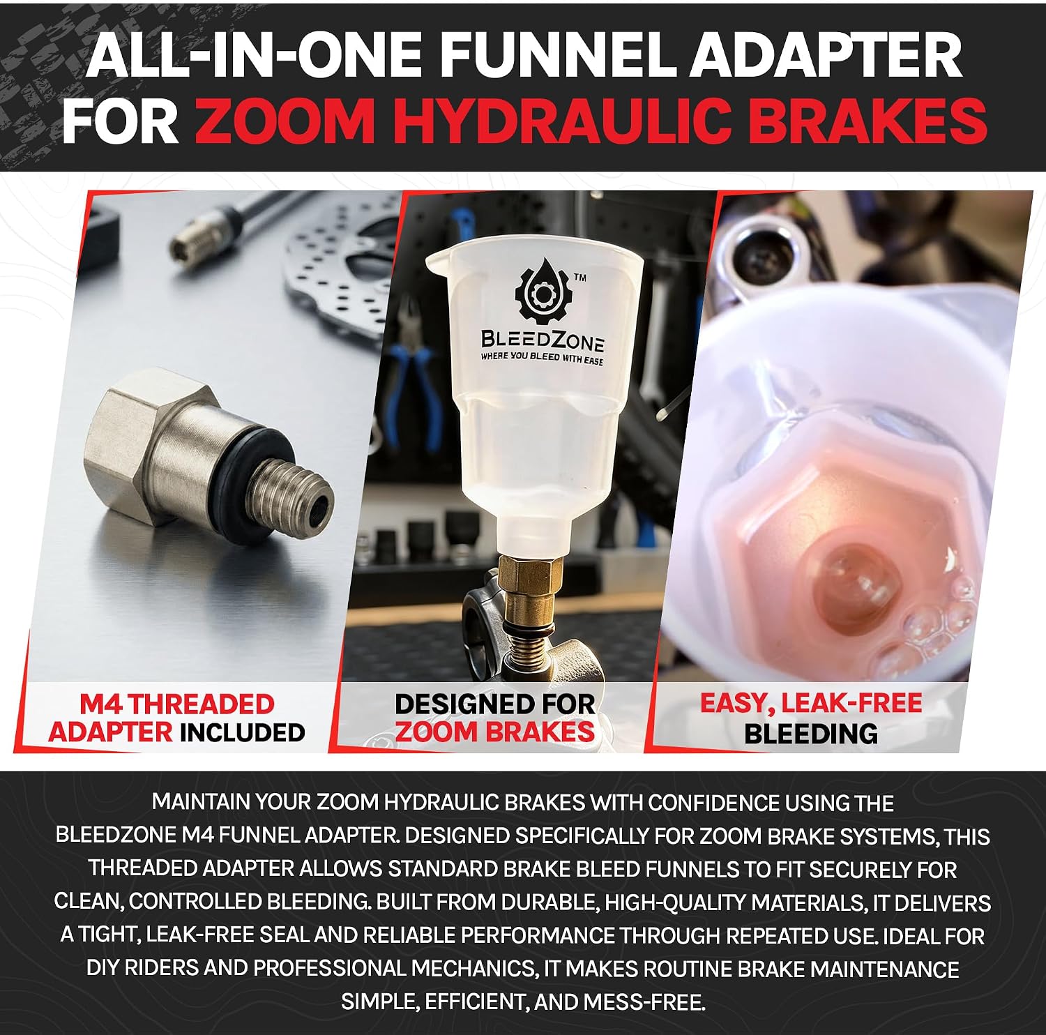 BleedZone M4 Bleed Funnel Adapter for Zoom & SRAM Brakes, Threaded Funnel Adapter for Bike Brake Bleeding, Compatible with Zoom Hydraulic Brakes, SRAM DB8, Motive & Maven, Brake Bleeder Kit Tool