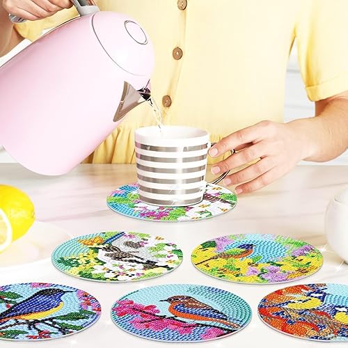 Miniatura 4 de Juego de 8 posavasos de pintura con diamantes para pájaros, con soporte, para manualidades, diseño de pájaros, diamantes, posavasos antideslizantes