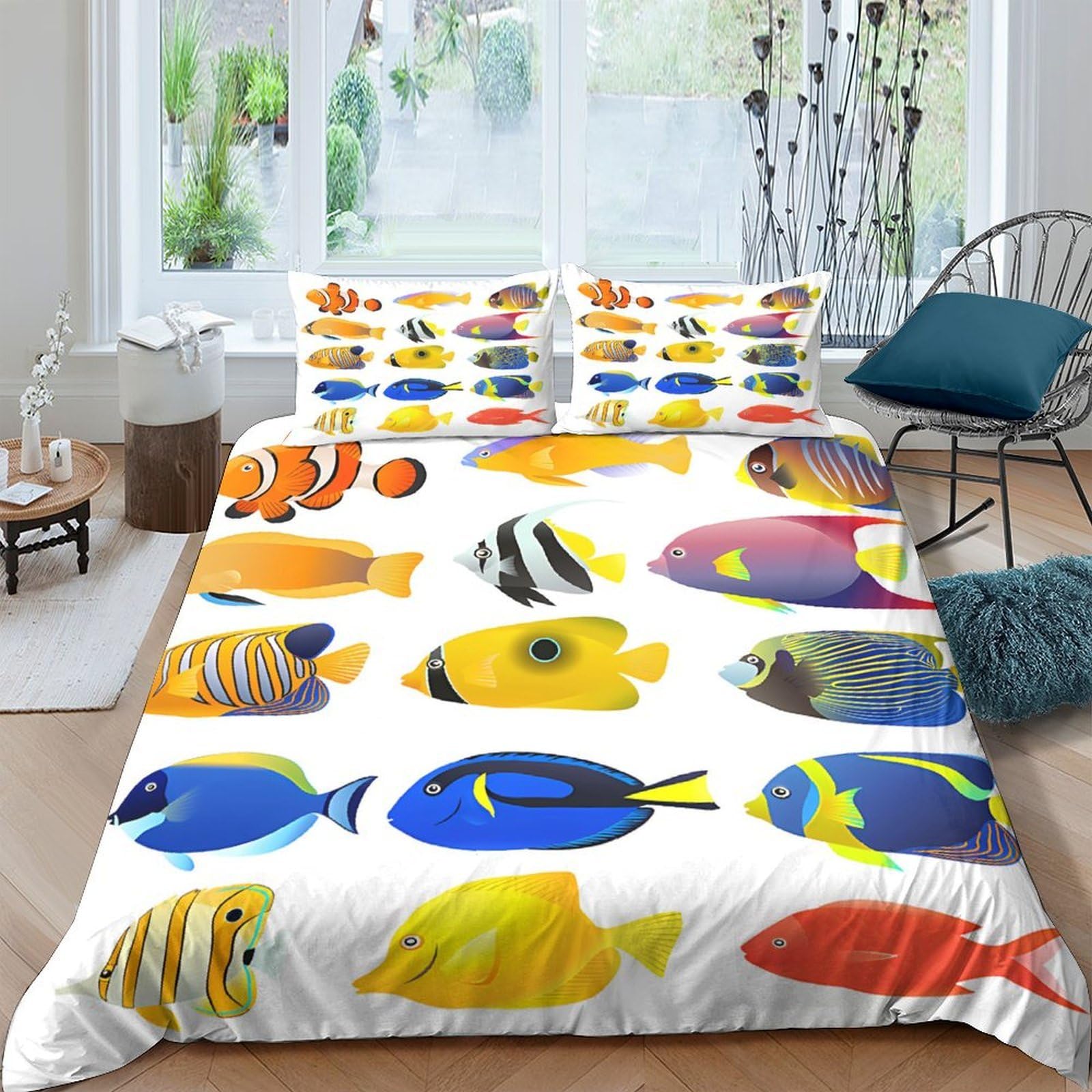 GPLZQXKJNH 3D Printed Tropical Fish Duvet Cover Microfiber Soft Breathable Ocean Marine Bedding Set with 2 Pillowcases for Bedroom Living Room Single（135x200cm）