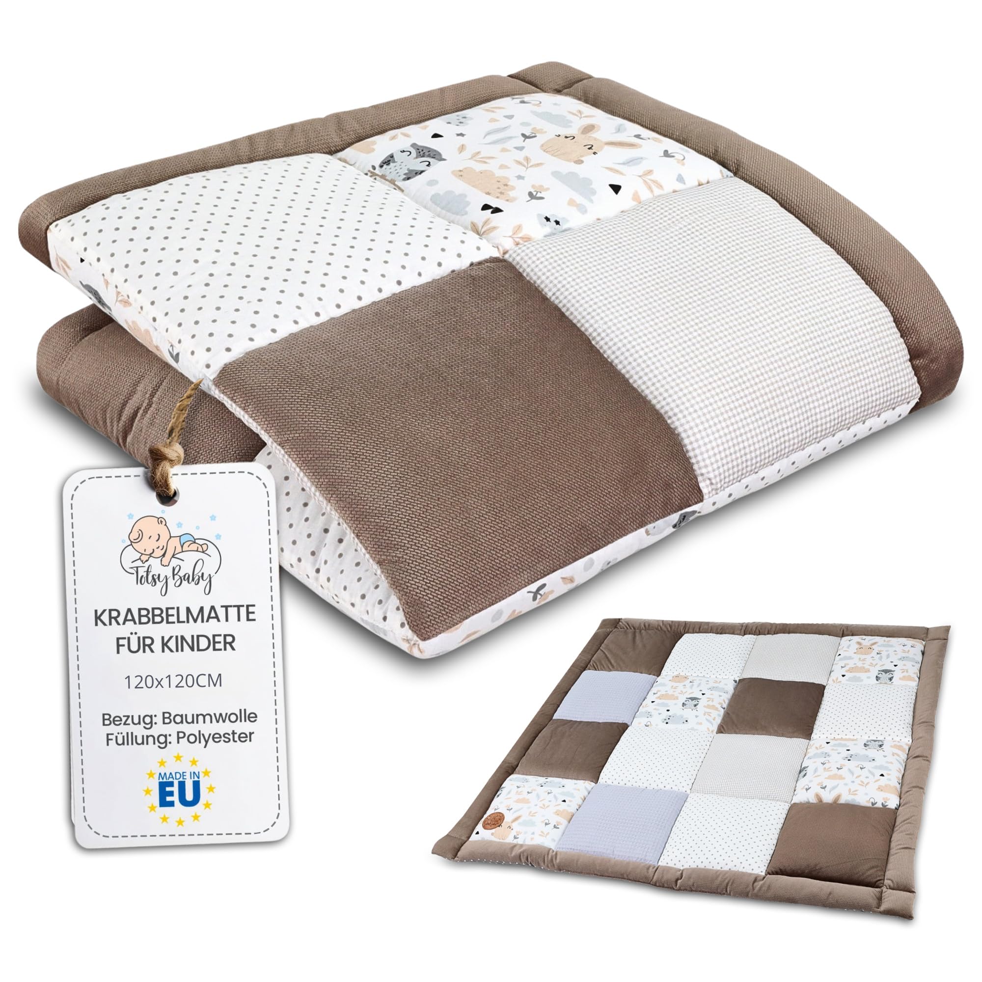 Totsy Baby Alfombra Bebe Acolchada Plegable 120x120 cm - Patchwork tapete Infantil habitacion para niños y niñas Manta de Juego para Bebes o colchoneta Suelo Infantiles Búhos