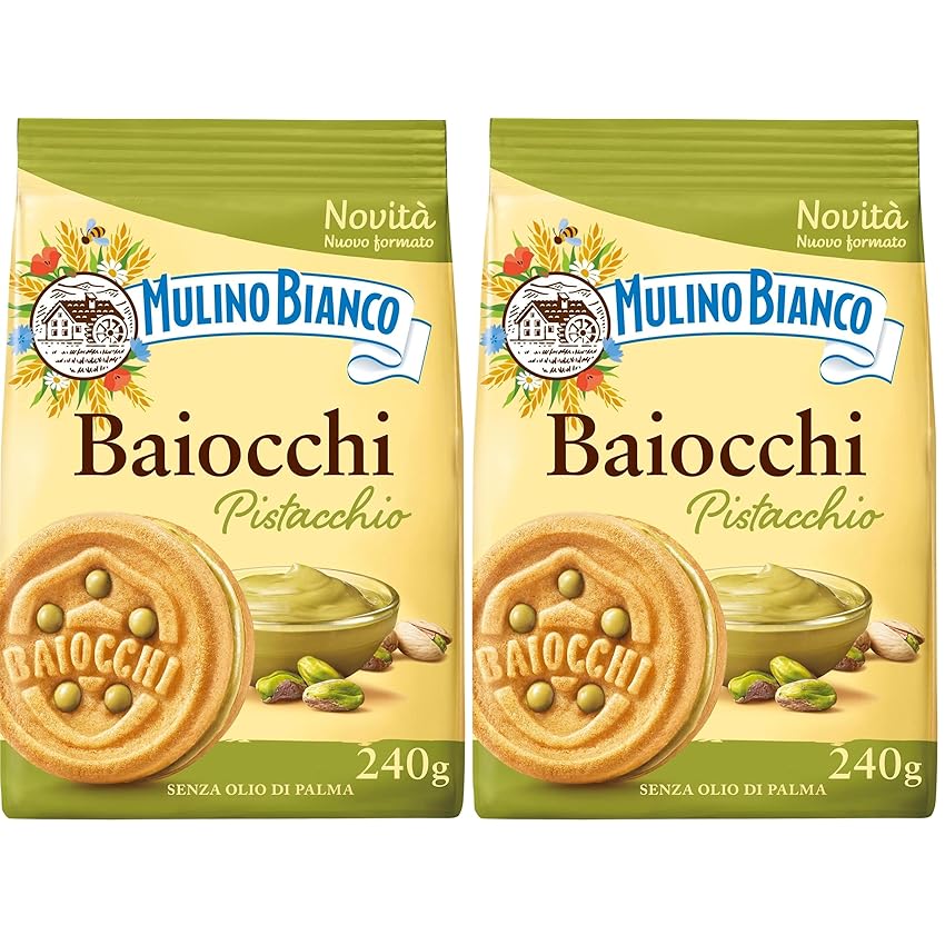 Mulino Bianco Biscotti Baiocchi al Pistacchio, Biscotti con Pistacchio e Pastafrolla Ideali per Colazione o Merenda, Senza Olio di Palma, 1 Sacchetto da 240g (Confezione da 2)