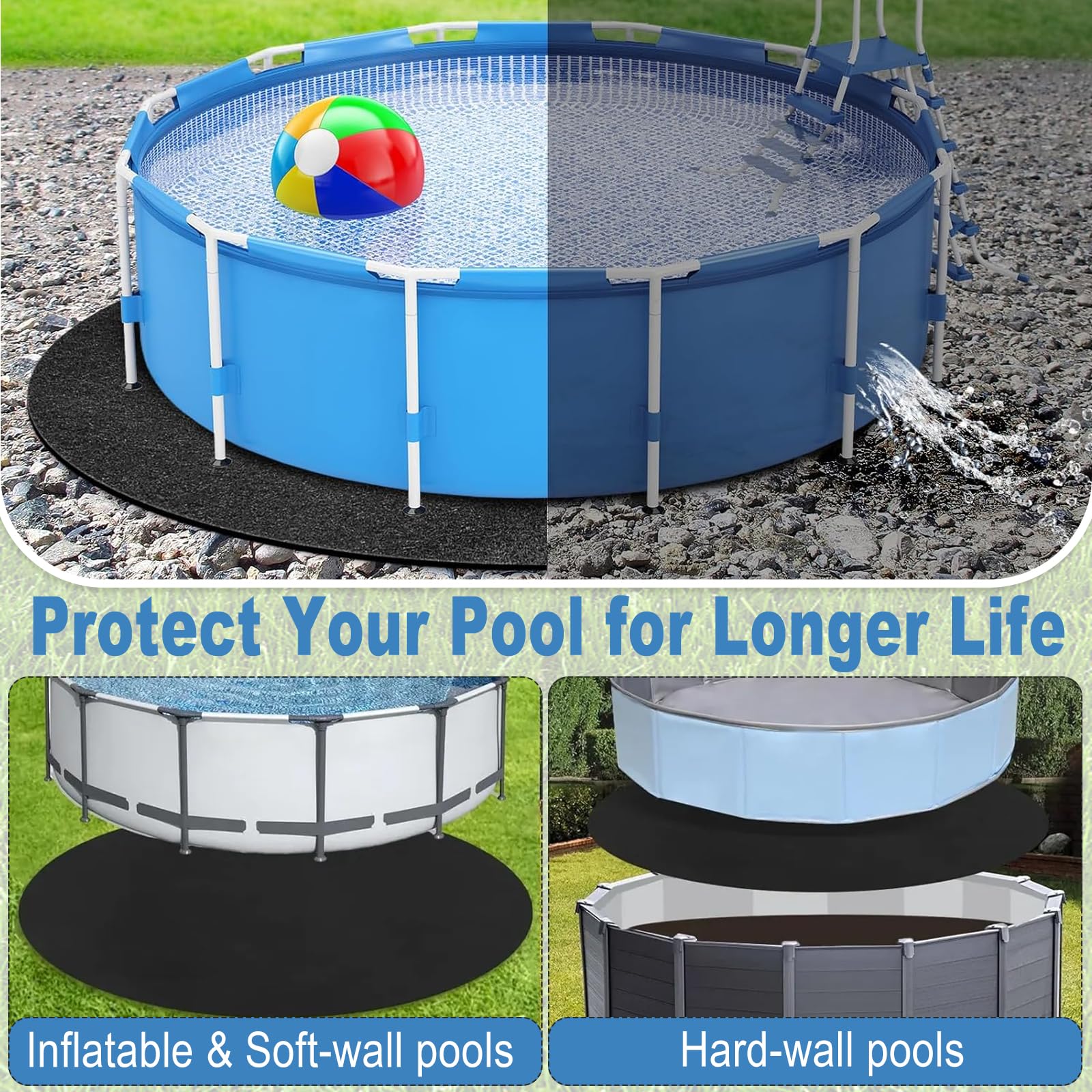 Yuragim Base redonda para piscina de 305 cm, para exteriores, alfombrilla de piscina, suelo protector, alfombra de suelo precortada para piscinas y jacuzzis, evita agujeros y prolonga la vida útil